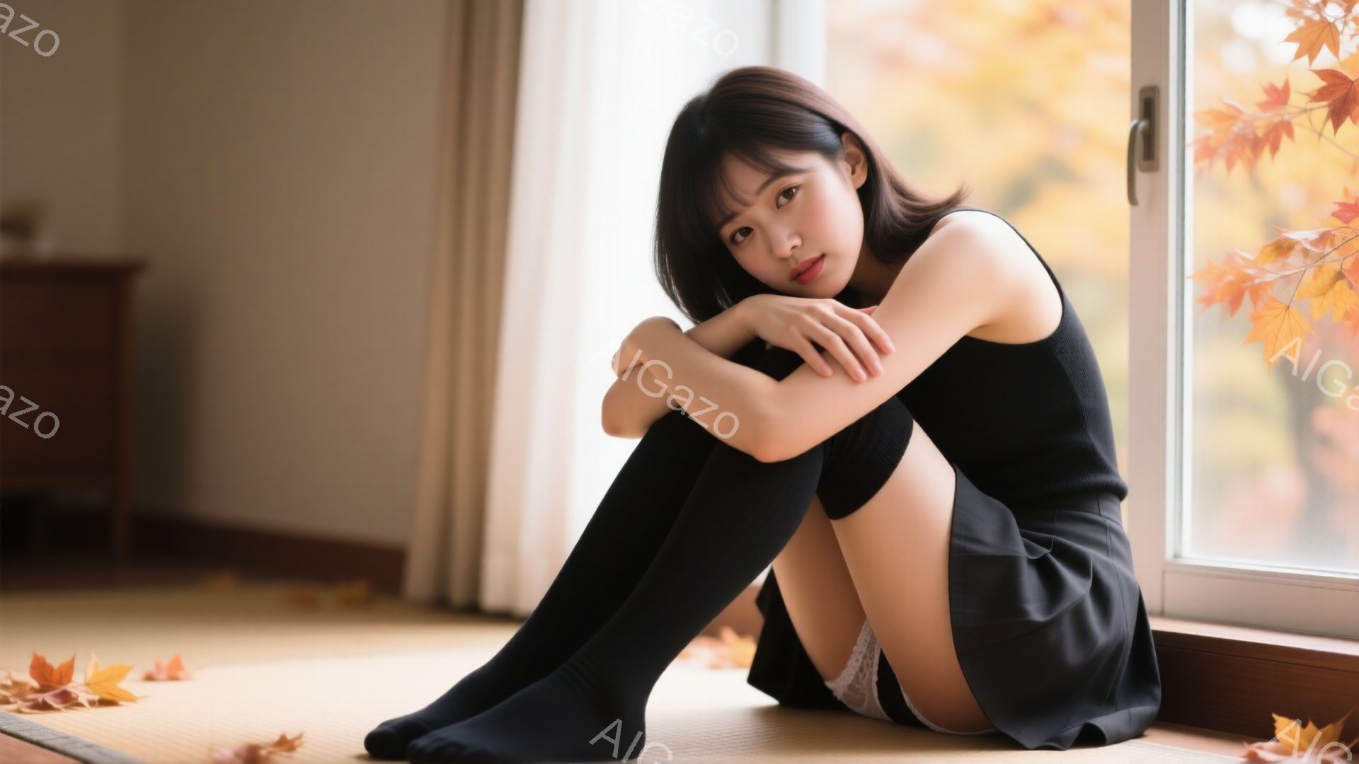 少女は窓辺に座り、膝を抱えて何か考え込んでいるようです。黒いニットとスカート、長いソックスを身につけ、茶色の髪を肩で分けています。背景には紅葉の葉が舞い散り、暖かく、少し寂しげな雰囲気が漂っています。