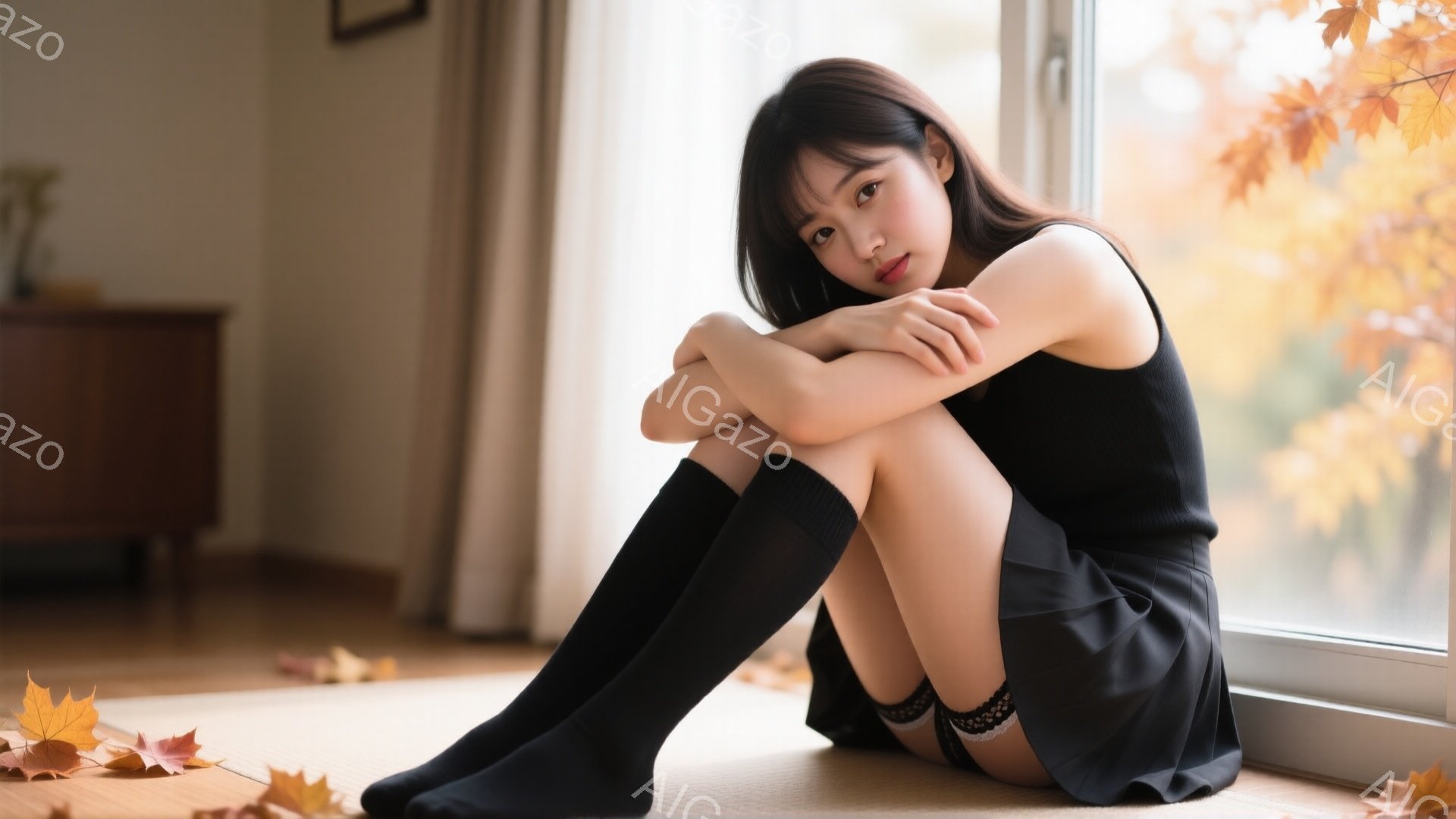 黒いニーハイソックスとミニスカートを着用した若い女性が畳の上に膝を抱えて座っています。彼女は長いダークブラウンの髪を持ち、少し微笑んだ表情をしています。背景には木製の家具と窓があり、窓の外には紅葉が舞 - AI生成フリー素材