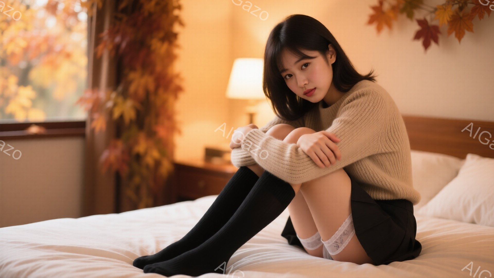明るい茶色のセーターと黒いニーハイソックスを着用した若い女性が、白いベッドに座って膝を抱えています。彼女は少し微笑んでおり、長くダークブラウンの髪は肩にかかっています。背景には木製のナイトスタンドとテ - AI生成フリー素材
