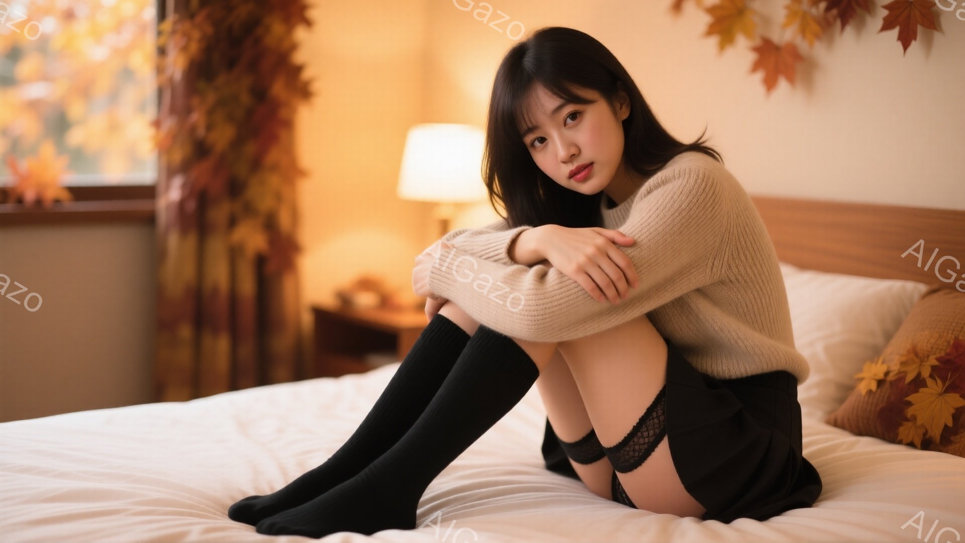 長い黒髪を肩にかける女性が、白いベッドに膝を抱えて座っています。ベージュのニットセーターと黒のニーハイソックスを履き、少し憂いを帯びた表情でこちらを見ています。背景には暖色のランプと、秋らしい紅葉が飾 - AI生成フリー素材