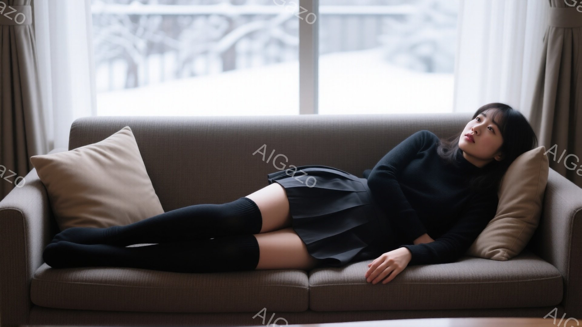 茶色のソファに横たわる若い女性が写っています。黒の長袖セーターとプリーツスカート、膝丈の黒い靴下を着用し、リラックスした表情で片手を頭の下に添えています。背景にはぼやけた窓と雪景色が見え、全体的に穏や - AI生成フリー素材