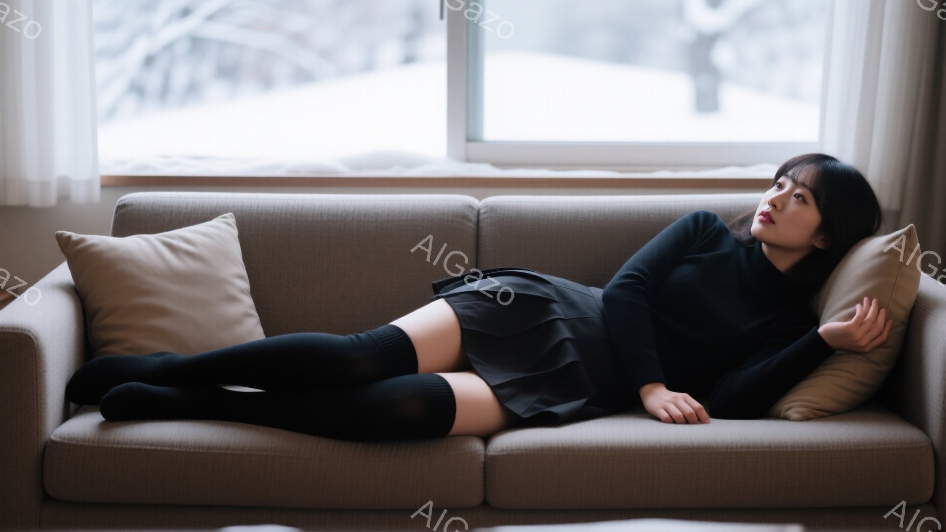 長い黒髪をサイドに流した女性が、ベージュ色のソファに横たわっている。黒いセーターとプリーツスカート、そして膝丈の黒いソックスを身につけており、リラックスした姿勢で頭の下に枕を置き、少し上を見ている。背 - AI生成フリー素材