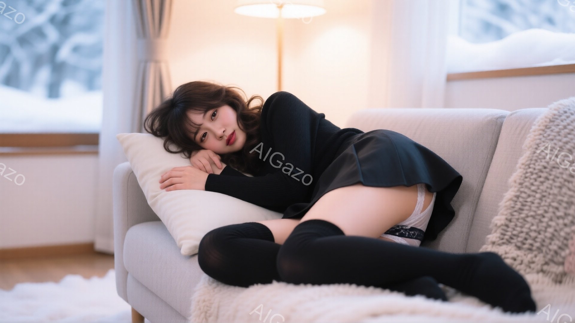長いダークブラウンの髪をした女性が、明るいグレーのソファに横たわっています。黒いセーターとミニスカート、それに黒いニーハイソックスを着用し、片手を枕にしてリラックスした表情をしています。窓の外には雪景 - AI生成フリー素材