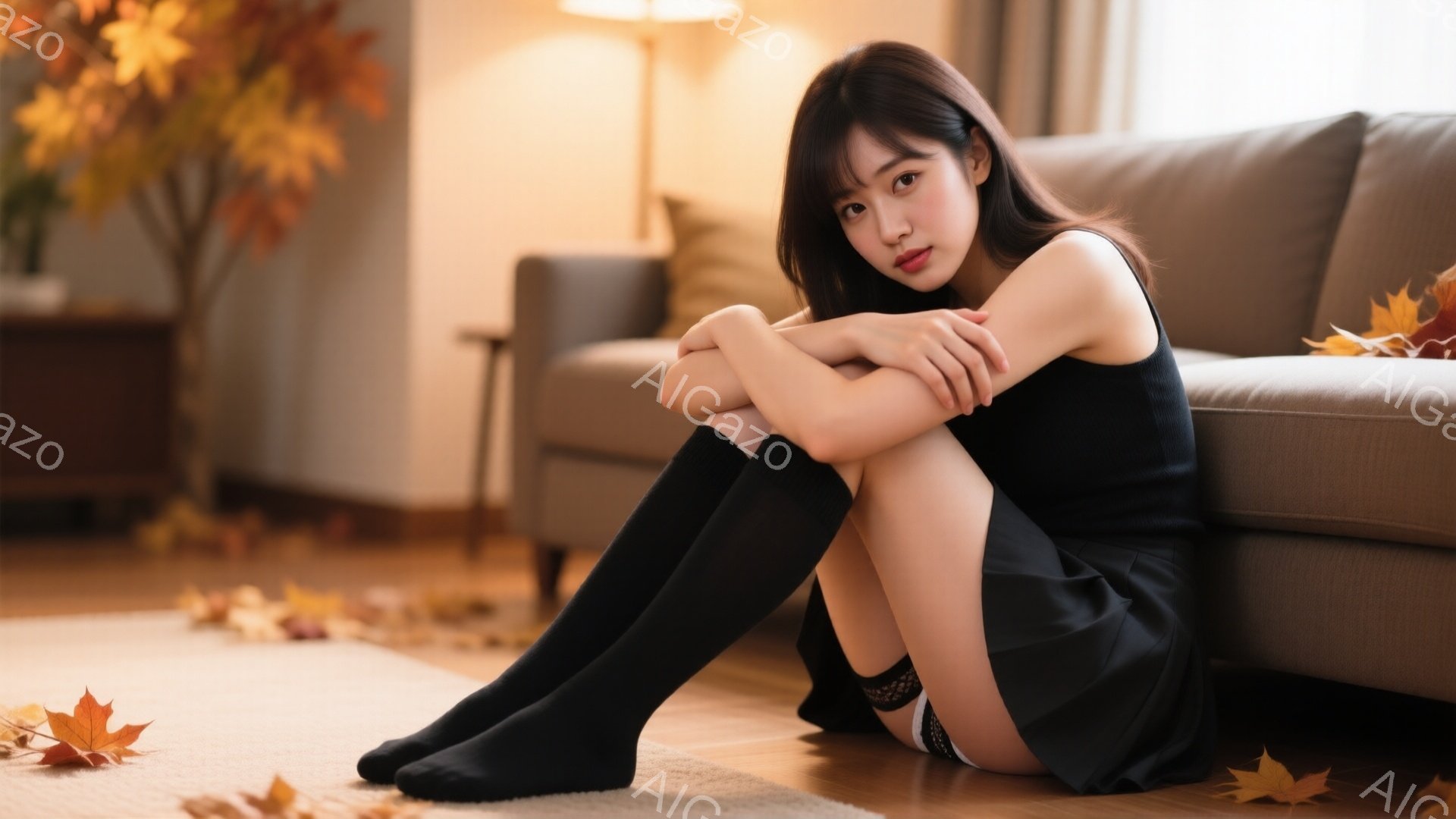 黒いニーハイソックスとミニスカートを身に着けた若い女性が、部屋のフローリングに座って膝を抱えています。彼女は黒髪で、少し憂いを帯びた表情を浮かべており、背景にはオレンジ色の落ち葉と、ベージュ色のソファ - AI生成フリー素材