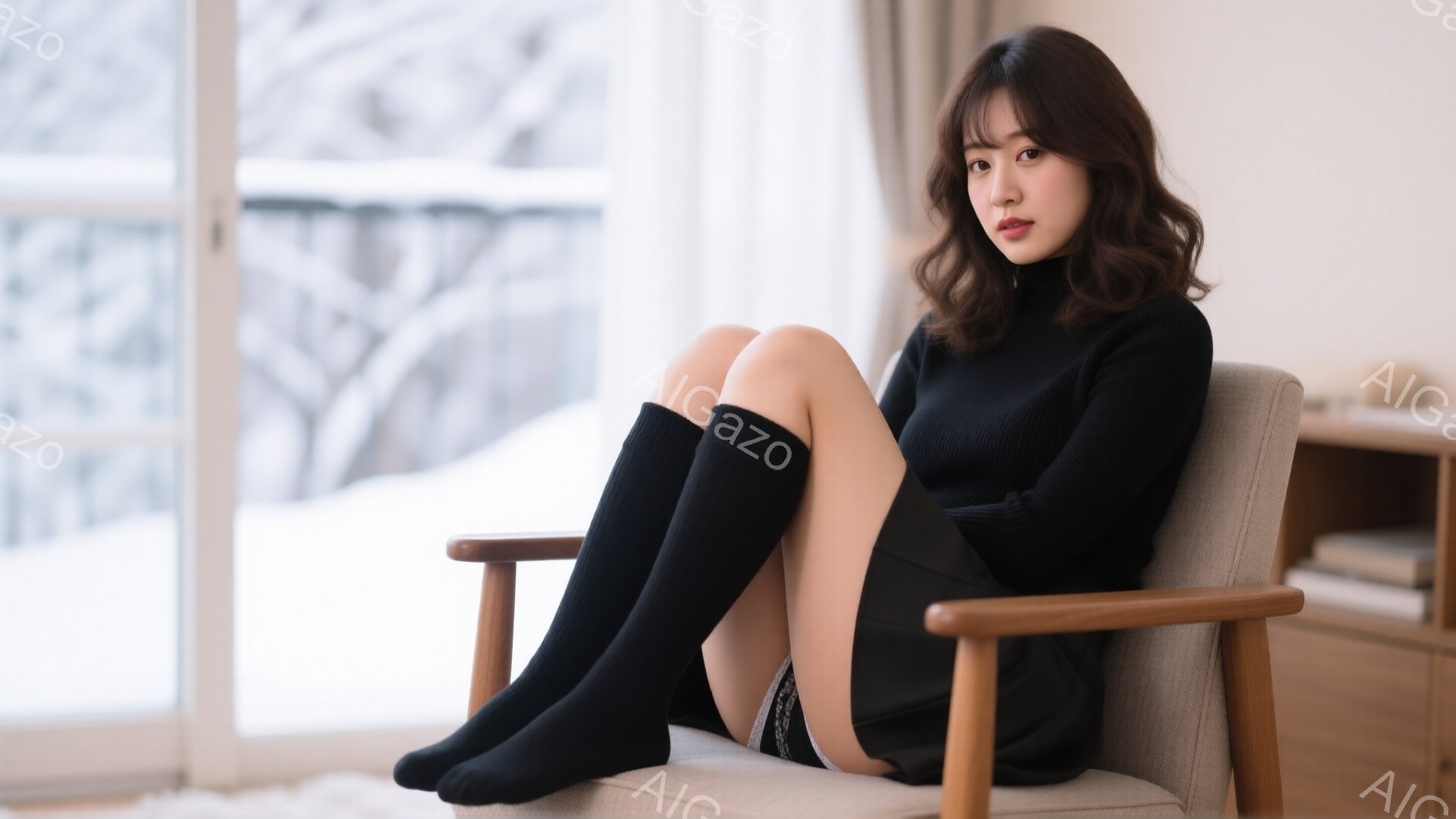 黒いニットセーターとスカートを身につけた女性が、木製の椅子に座ってこちらを見ている。彼女は長い黒い靴下を履き、少し微笑んでいる様子で、リラックスした雰囲気を醸し出している。背景には雪景色が見え、室内は - AI生成フリー素材