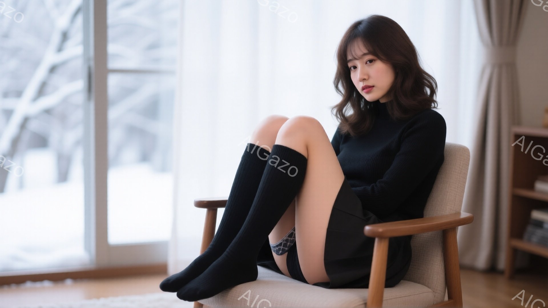 黒いセーターとミニスカートを着用した女性が、明るい色の椅子に座って足を組んでいます。彼女は長い黒い靴下を履いており、少し微笑んだ表情でカメラを見ています。背景には大きな窓があり、外は雪景色で、室内は暖 - AI生成フリー素材