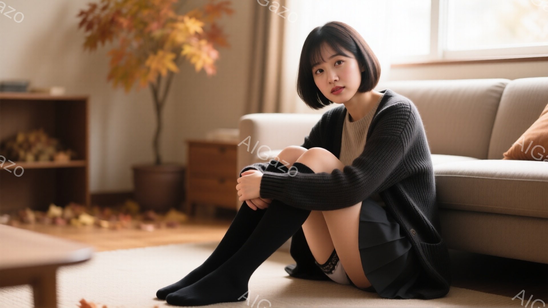 室内で、黒い編みカーディガンとベージュのトップス、黒いニーハイソックスと黒いスカートを身につけた女性が床に座っている。彼女は膝を抱え、カメラに向かって穏やかな微笑みを浮かべている。背景には木製のキャビネット、ソファ、そして落ち葉が散らばった窓辺が見え、温かく落ち着いた秋の雰囲気が漂っている。