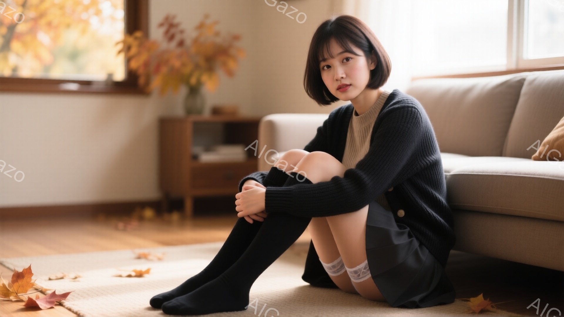 茶髪のショートヘアの女性が、ベージュのカーディガンと黒いニーハイソックスを履いて床に座っている。彼女は膝を抱え、わずかに微笑んでいるように見える。背景には、窓から差し込む光と、落ち葉が散らばった明るい - AI生成フリー素材