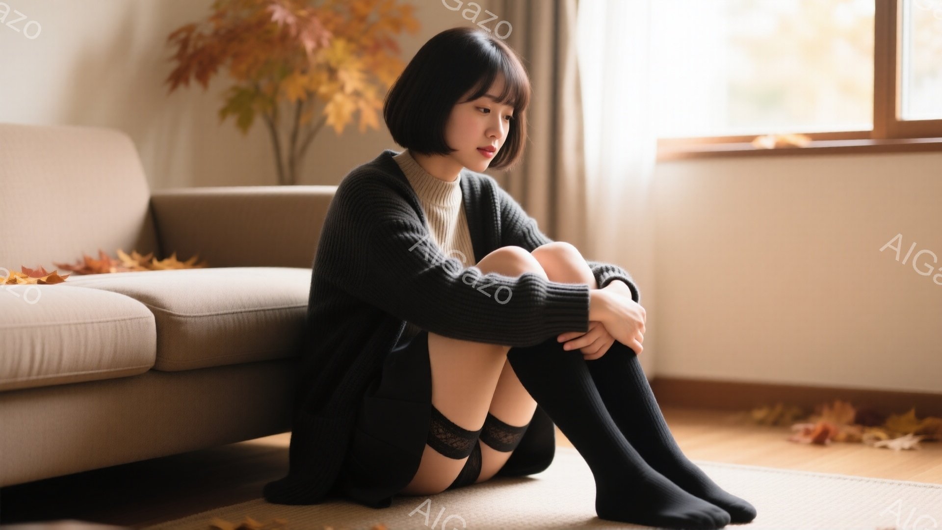 ショートヘアの女性が床に座り、膝を抱えています。彼女はベージュのセーターと黒いカーディガン、黒いニーハイソックスを着用しており、少し憂いを帯びた表情をしています。背景にはベージュのソファと窓からの自然 - AI生成フリー素材