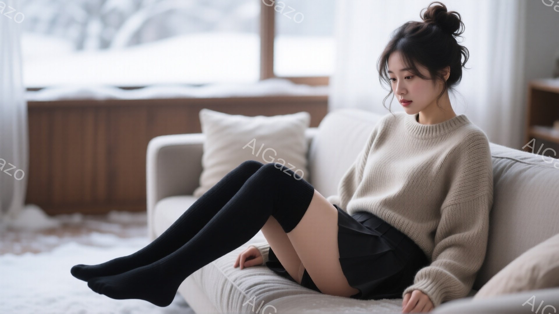 茶色のオーバーサイズセーターと黒いニーハイソックスを着用した若い女性が、明るい色のソファにリラックスして座っています。彼女は足を組み、少し物憂げな表情を浮かべています。窓の外には雪景色が見え、室内は温 - AI生成フリー素材