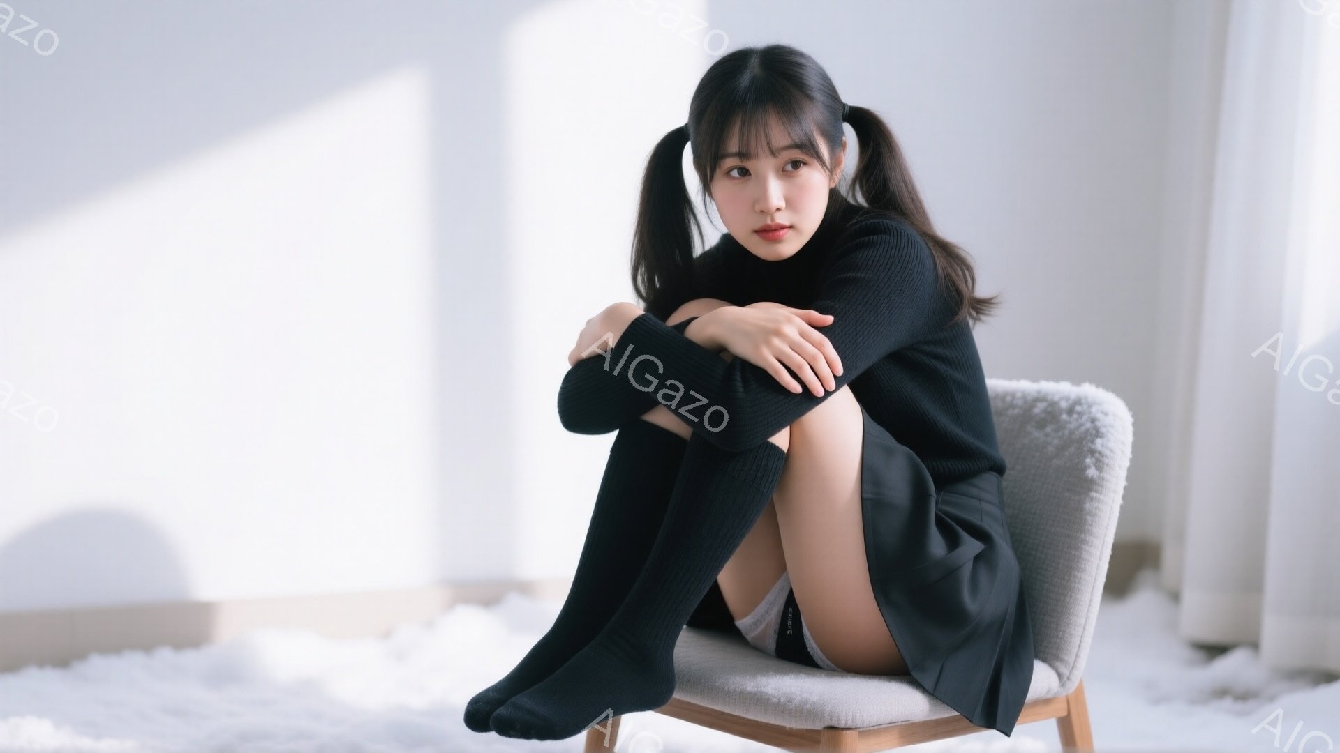 黒髪をツインテールにした若い女性が、クリーム色の椅子に座り、膝を抱えています。黒の長袖セーターとソックスを着用しており、表情は少し憂いを帯びています。背景は白く、ぼんやりとしており、部屋の雰囲気を柔ら - AI生成フリー素材