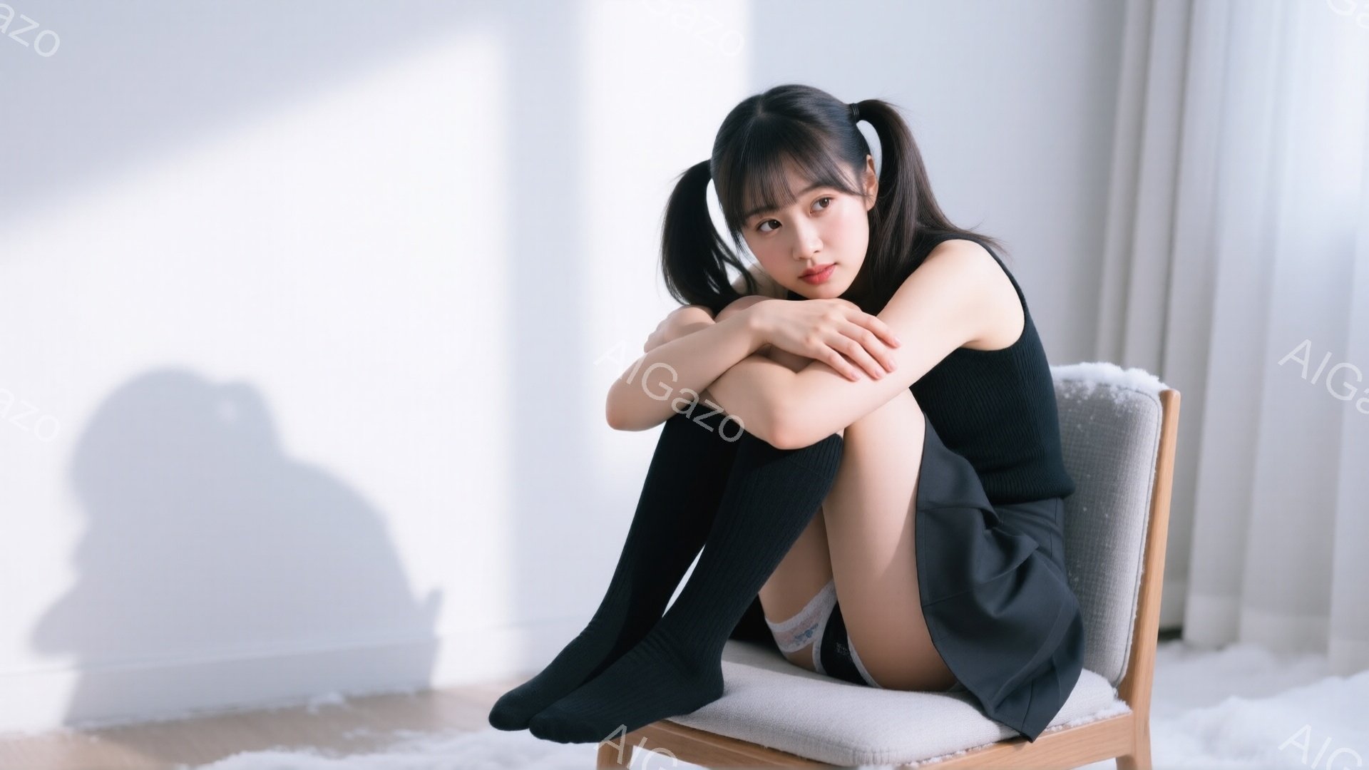 黒いニーハイソックスとミニスカート、黒のトップスを着た若い女性が椅子に座って膝を抱えています。彼女は両手を膝に当て、少し不安そうな表情をしています。背景は白を基調としたシンプルな室内で、光が差し込み、影が床に落ちています。
