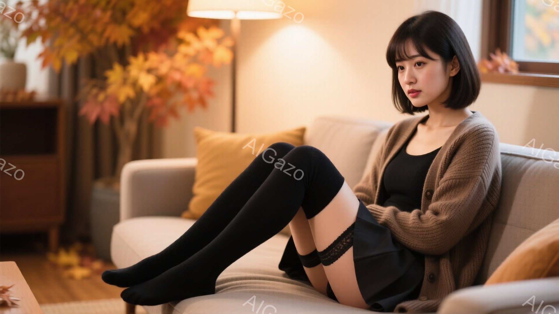 茶髪のショートヘアの女性が、ベージュ色のソファに脚を組んで座っています。黒いニットカーディガンとミニスカート、ニーハイソックスを身につけ、少し憂いを帯びた表情をしています。背景には秋らしい紅葉の枝や木製の家具が見え、温かみのある室内空間が表現されています。