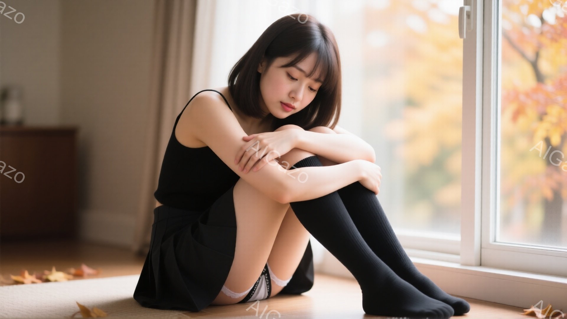 黒いキャミソールとプリーツスカート、黒いニーハイソックスを着用した女性が、床に膝を抱えて座っています。彼女は少し悲しげな表情で、窓の外の秋の風景を眺めています。背景にはぼやけた家具と、散り葉が写り込み、全体的に物憂げで穏やかな雰囲気が漂っています。