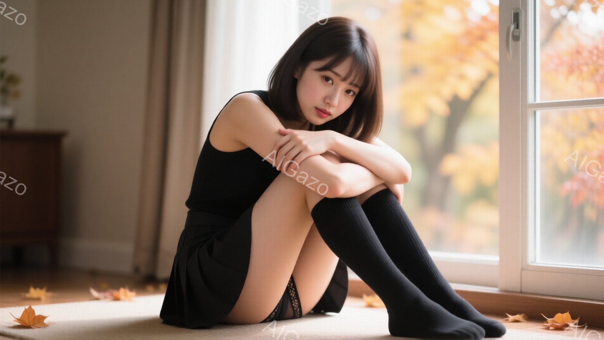 黒いタンクトップとプリーツスカートを身につけた若い女性が、窓辺に膝を抱えて座っている。彼女は長い黒いソックスを履き、少し微笑んだ表情でカメラを見つめている。背景には木々の葉が舞い散る秋の風景が見え、暖かく穏やかな雰囲気が漂っている。
