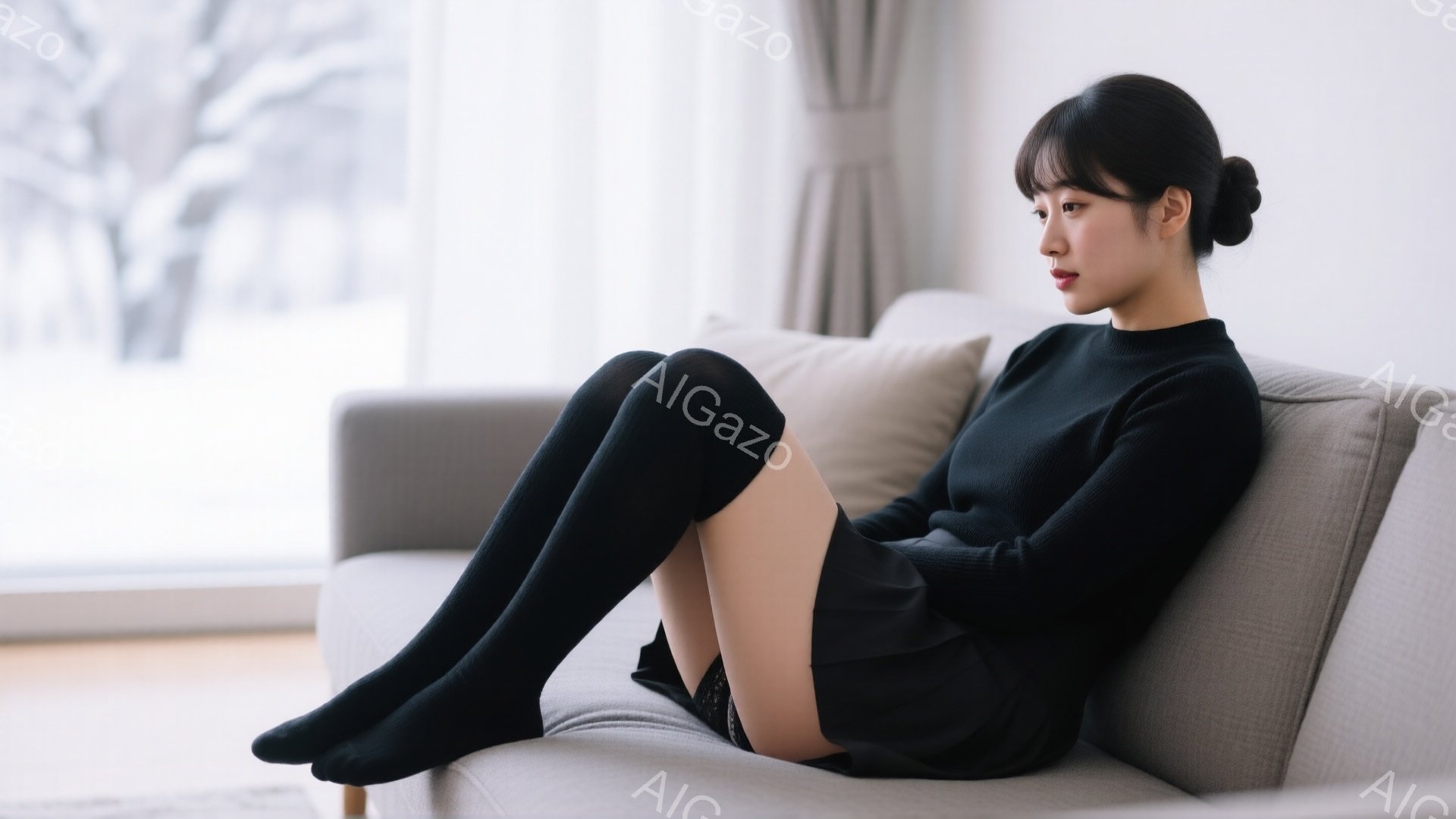 長い黒い靴下と黒いセーターを着た女性が、ベージュ色のソファに横たわっています。彼女は少しうつむき加減で、落ち着いた表情をしています。窓の外には雪景色が見え、室内は暖かく穏やかな雰囲気です。 - AI生成フリー素材
