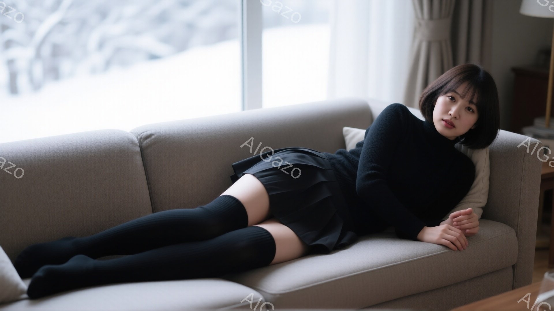 モデルは、グレーのソファに横たわり、黒のセーターとプリーツスカート、ロングソックスを着用しています。彼女は頭を片手に預け、少し微笑んだ表情でカメラを見ています。背景には大きな窓があり、ぼやけた冬の風景 - AI生成フリー素材
