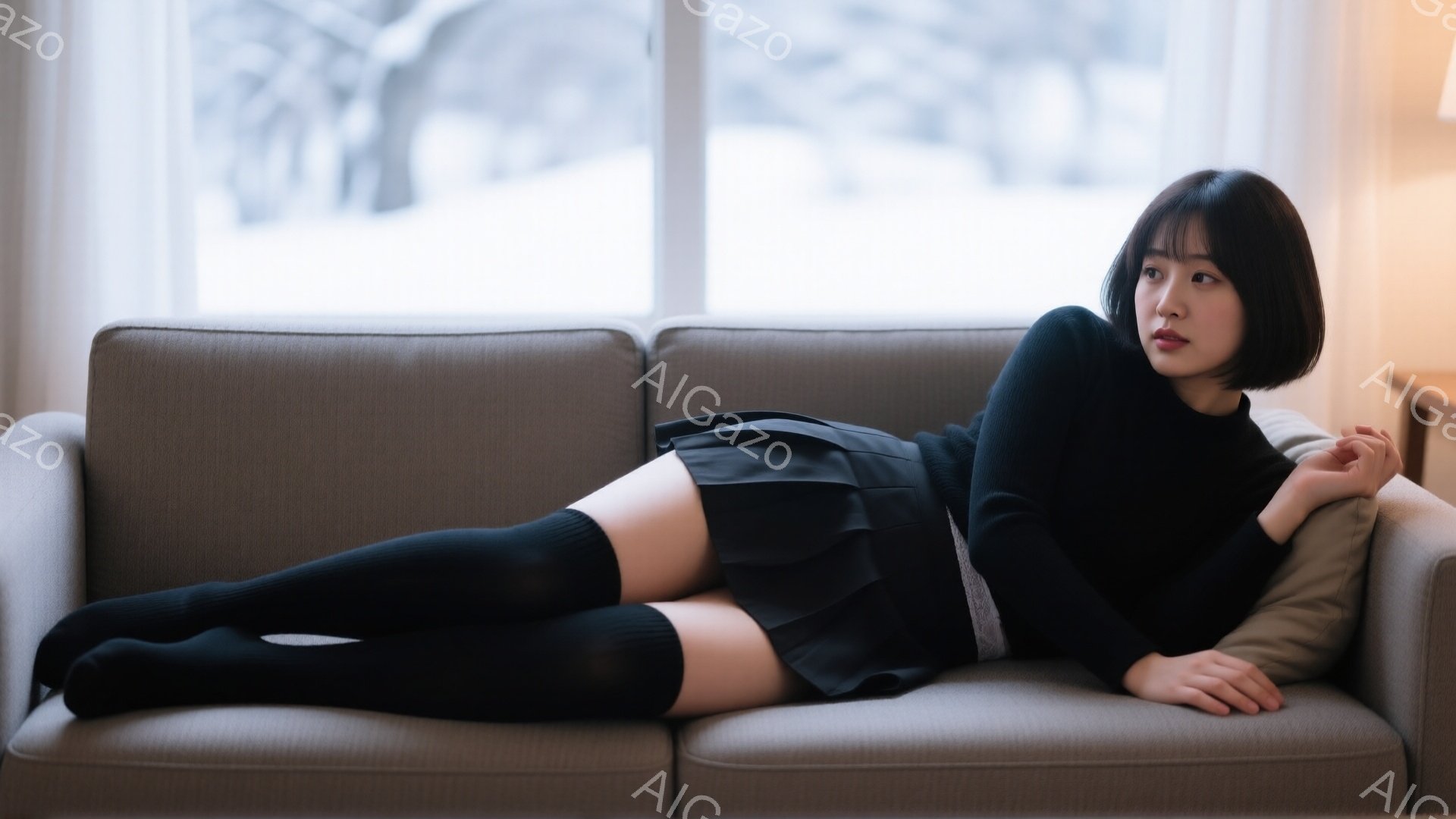 黒いタートルネックセーターとプリーツスカート、そして黒いニーハイソックスを着用した若い女性が、グレーのソファに横たわっています。彼女は少し憂いを帯びた表情で、片手を頬に当て、リラックスした姿勢でこちら - AI生成フリー素材