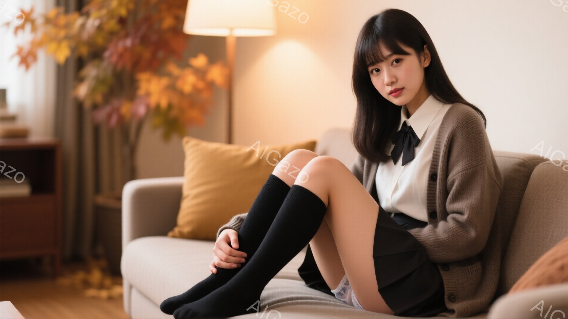 若い女性がベージュのソファに座り、膝を抱えています。白いシャツに黒いリボンタイ、黒いスカート、そして長い黒い靴下を着用しており、オーバーサイズのベージュのカーディガンを着ています。背景には、黄色とオレンジ色の葉が飾られた花瓶、そして間接照明が見え、暖かく落ち着いた雰囲気です。