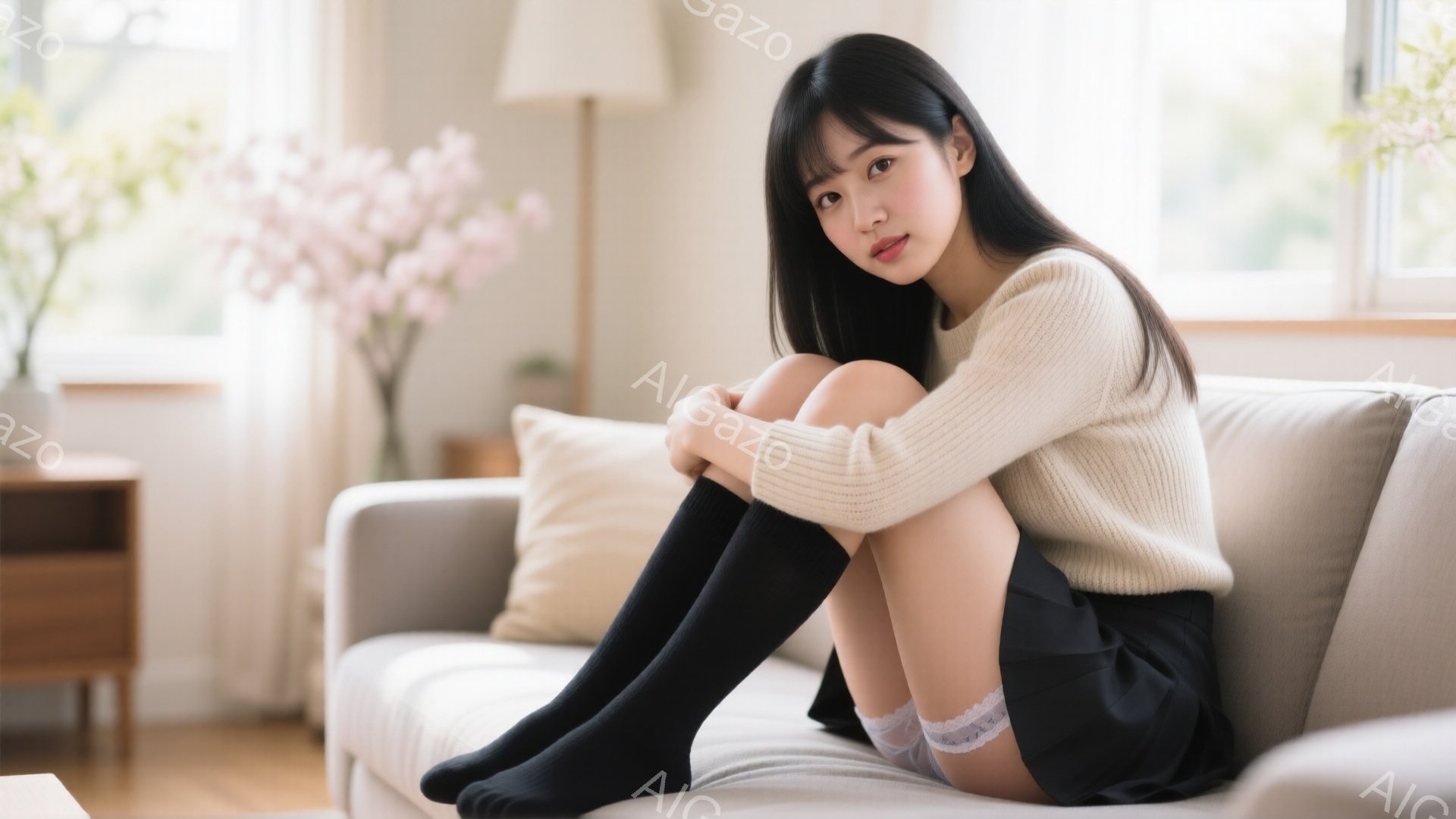 黒髪で前髪が目の上にかかる女性が、ベージュのニットと黒いスカート、そして黒いソックスを着用して、灰色のソファに膝を抱えて座っています。彼女は穏やかな表情でカメラを見つめており、背景には花瓶に入ったピンクの花と、柔らかい光が差し込む窓が見えます。全体的に、暖かく、リラックスした雰囲気の室内で撮影されたポートレート写真です。