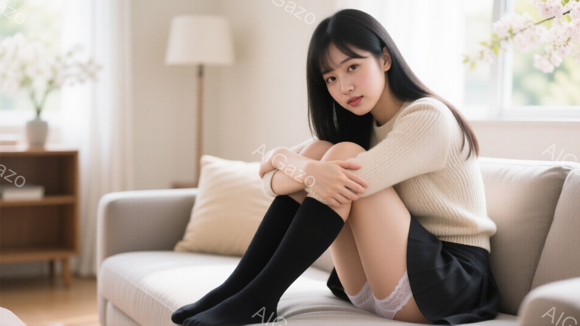 長い黒髪の女性が、膝を抱えて薄灰色のソファに座っています。クリーム色のざっくりとしたセーターと黒いオーバーニーソックスを着用し、黒いミニスカートから覗くレースの裾が特徴的です。背景には木製のサイドテー - AI生成フリー素材