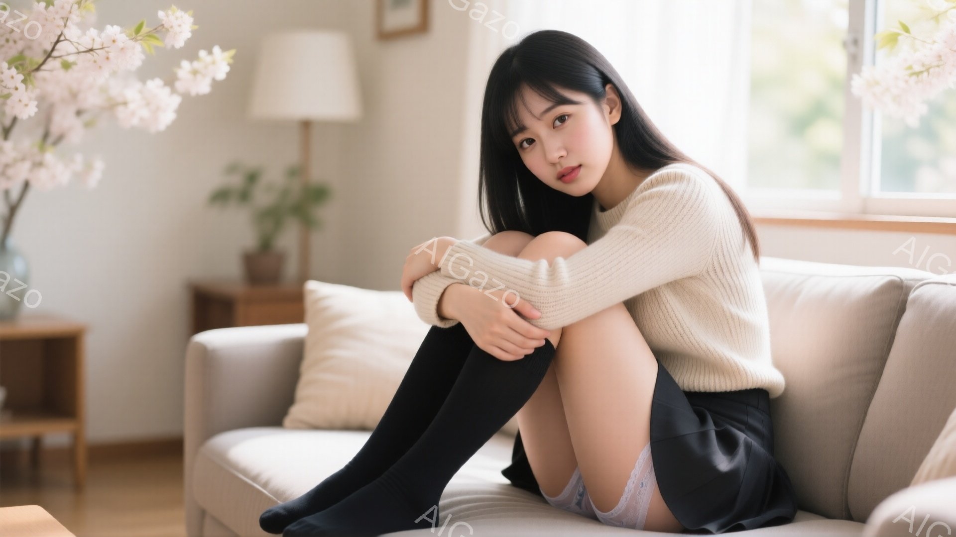 長い黒髪で前髪が眉毛にかかる女性が、ベージュ色のニットセーターと黒いニーハイソックス、そして短いスカートを着てソファに座っています。彼女は膝を抱え、少し微笑んでカメラを見ており、リラックスした雰囲気で - AI生成フリー素材