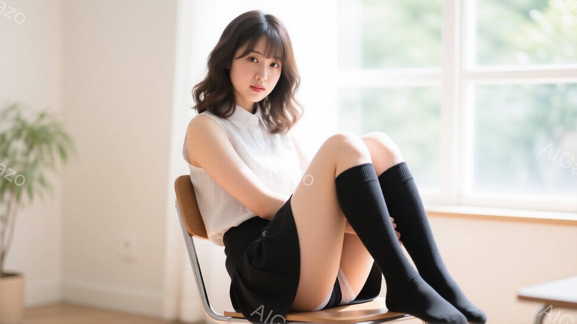 茶髪の女性が椅子に座り、白いブラウスと黒いスカート、膝丈の黒い靴下を着用しています。彼女は微笑んでおり、視線はカメラに向けられています。背景には大きな窓と植物があり、室内は明るく開放的な雰囲気です。 - AI生成フリー素材