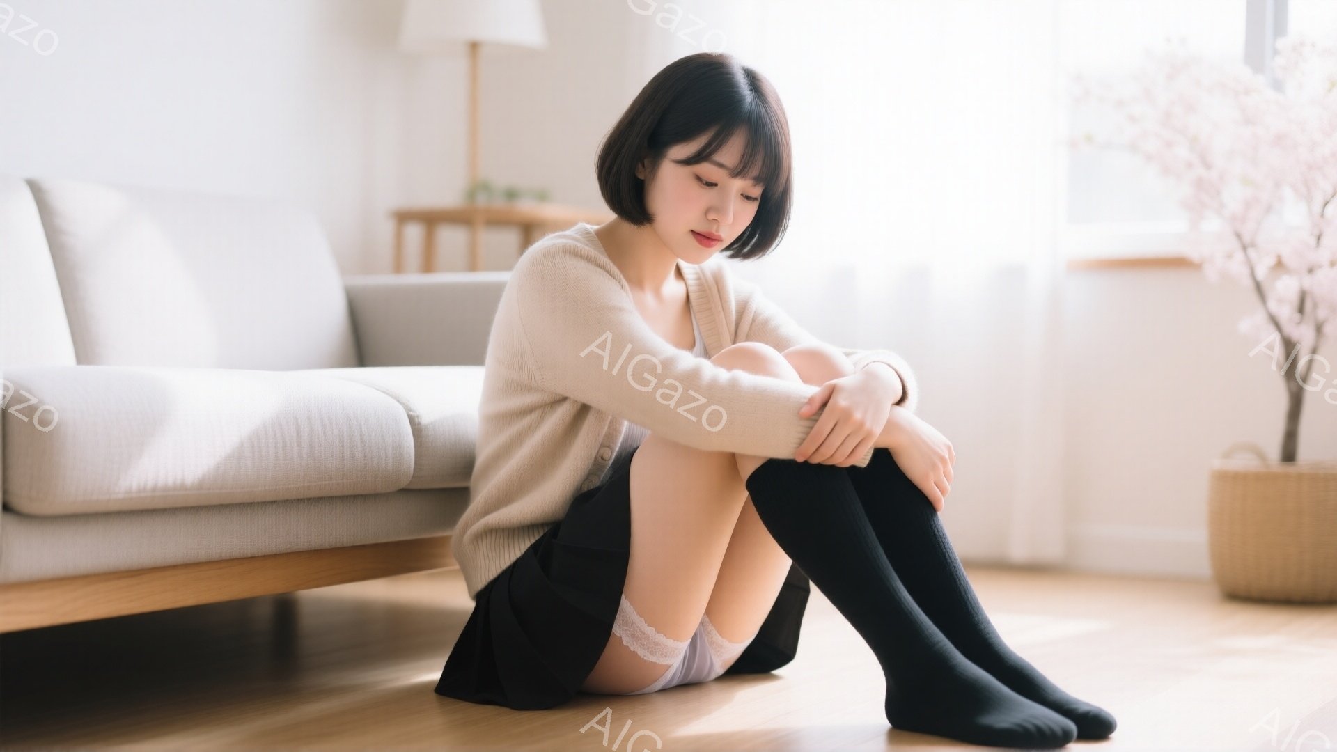 明るい室内で、短髪の女性が床に座り、膝を抱えている。ベージュのニットセーターと黒いニーハイソックス、黒いスカートを身に着けており、どこか寂しげな表情をしている。背景には、灰色のソファや籐のバスケット、そして桜の花枝がわずかに見える。