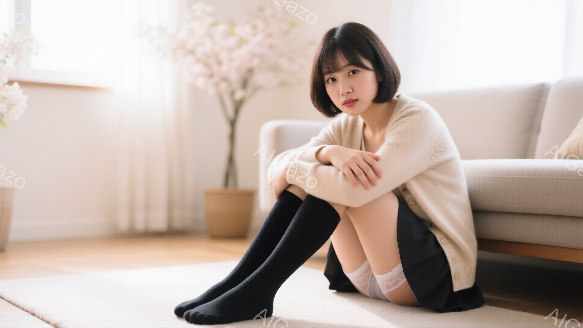 室内で、短い茶髪の女性が床に座り、膝を抱えています。ベージュのカーディガンと黒いニーハイソックスを着用し、控えめな表情でカメラを見ています。背景には灰色のソファと白い花が飾られた窓があり、全体的に穏や - AI生成フリー素材