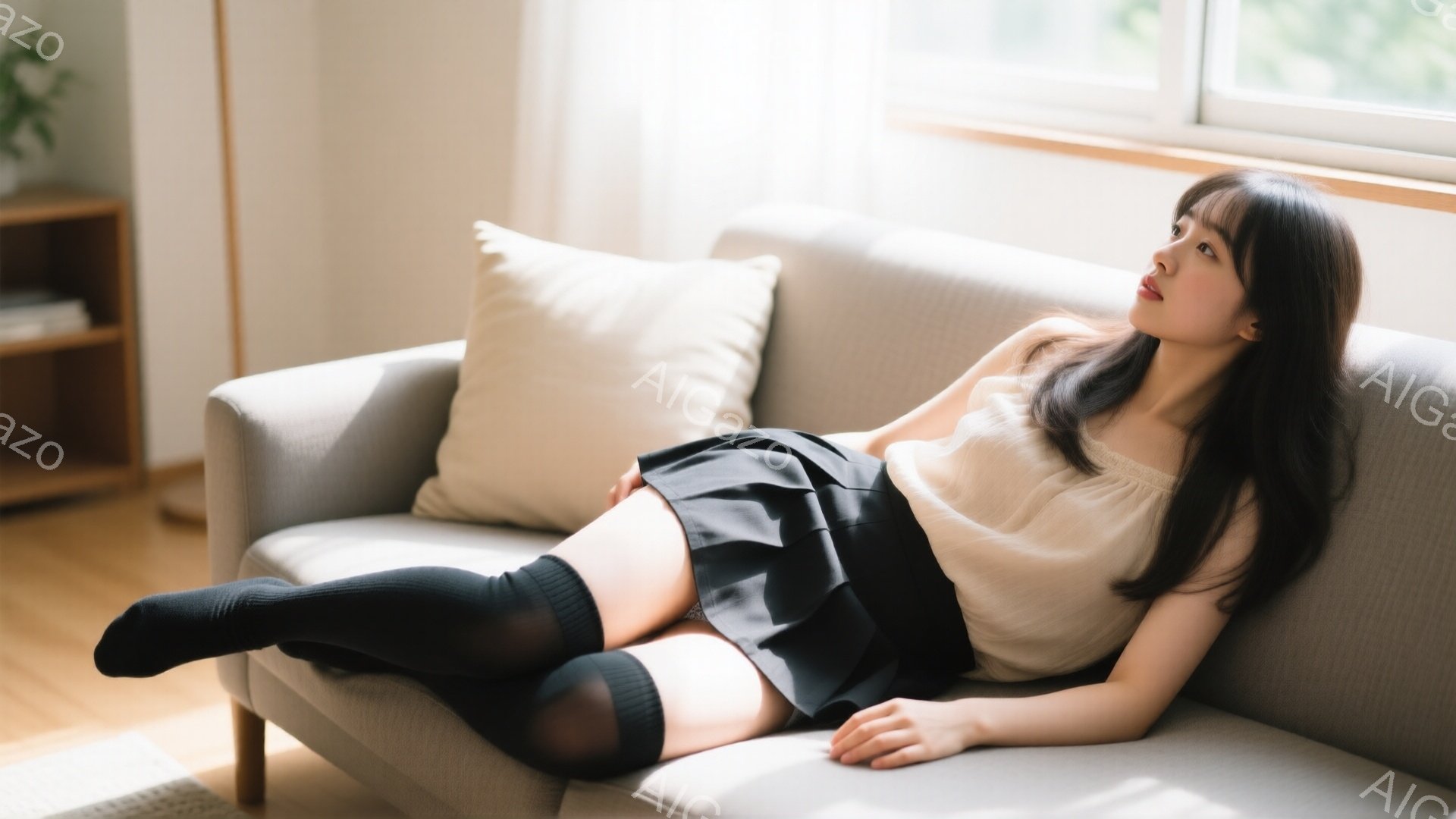 長い黒髪の女性が、ベージュ色のソファに横たわっている。白いブラウスと黒いミニスカート、そして黒いニーハイソックスを着用し、リラックスしたポーズで顔は少し上を見ている。背景には木製の棚と明るい自然光が差 - AI生成フリー素材