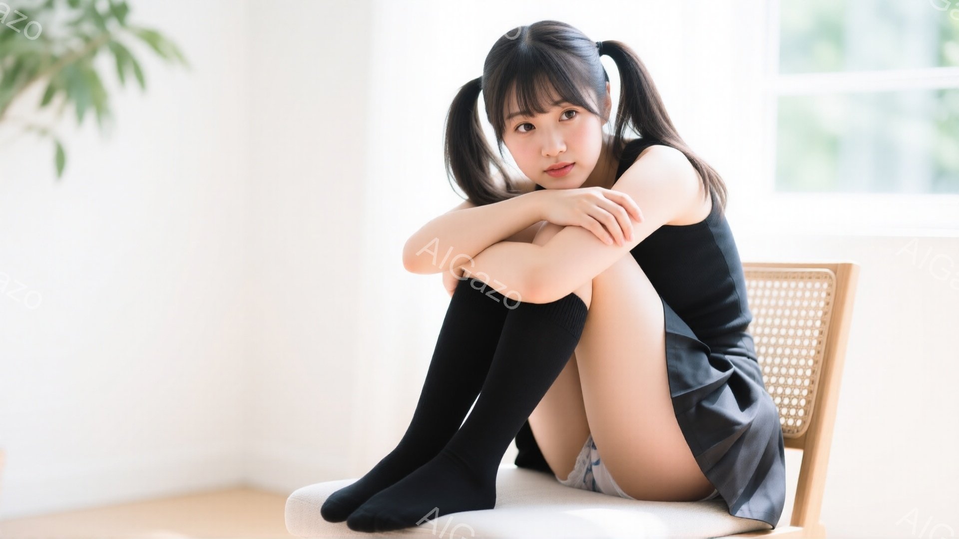 黒髪をツインテールにした若い女性が、籐の椅子に座って膝を抱えています。黒いソックスと短いスカートを履ており、表情は少し物憂げです。背景は明るい室内で、観葉植物が見え、穏やかで静かな雰囲気が漂っています。