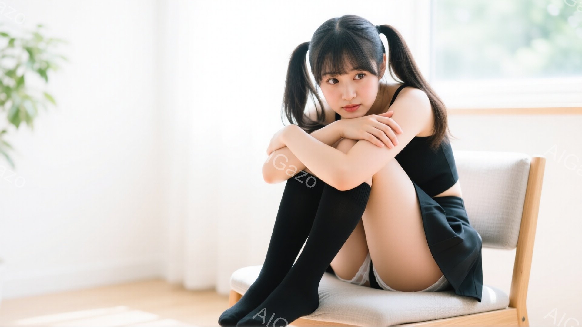 黒髪をツインテールにした若い女性が、椅子に座って膝を抱えています。彼女は黒いトップスとスカート、膝丈の黒い靴下を着用しており、控えめな表情をしています。背景は明るい室内で、木製の床と白い壁が見え、全体的に穏やかで静かな雰囲気が漂っています。