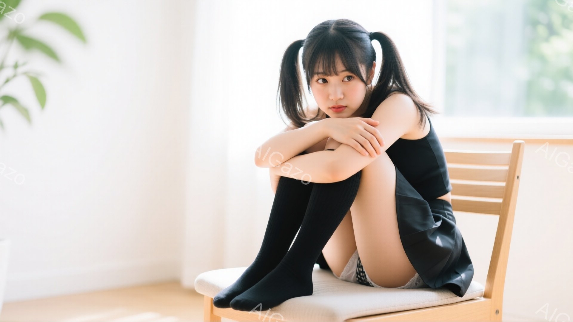 黒髪でツインテールにした若い女性が、木の椅子に座って膝を抱えています。彼女は黒いスカートとトップス、そして黒いソックスを着用しており、少し憂いのある表情をしています。背景は明るい室内で、左手には緑の植 - AI生成フリー素材