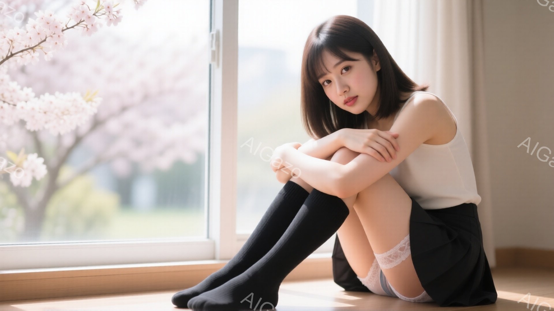 若い女性が窓際に座り、膝を抱えています。白いタンクトップと黒いスカート、膝丈の黒いソックスを履いています。窓の外には桜の木が見え、春らしい穏やかな雰囲気が漂っています。