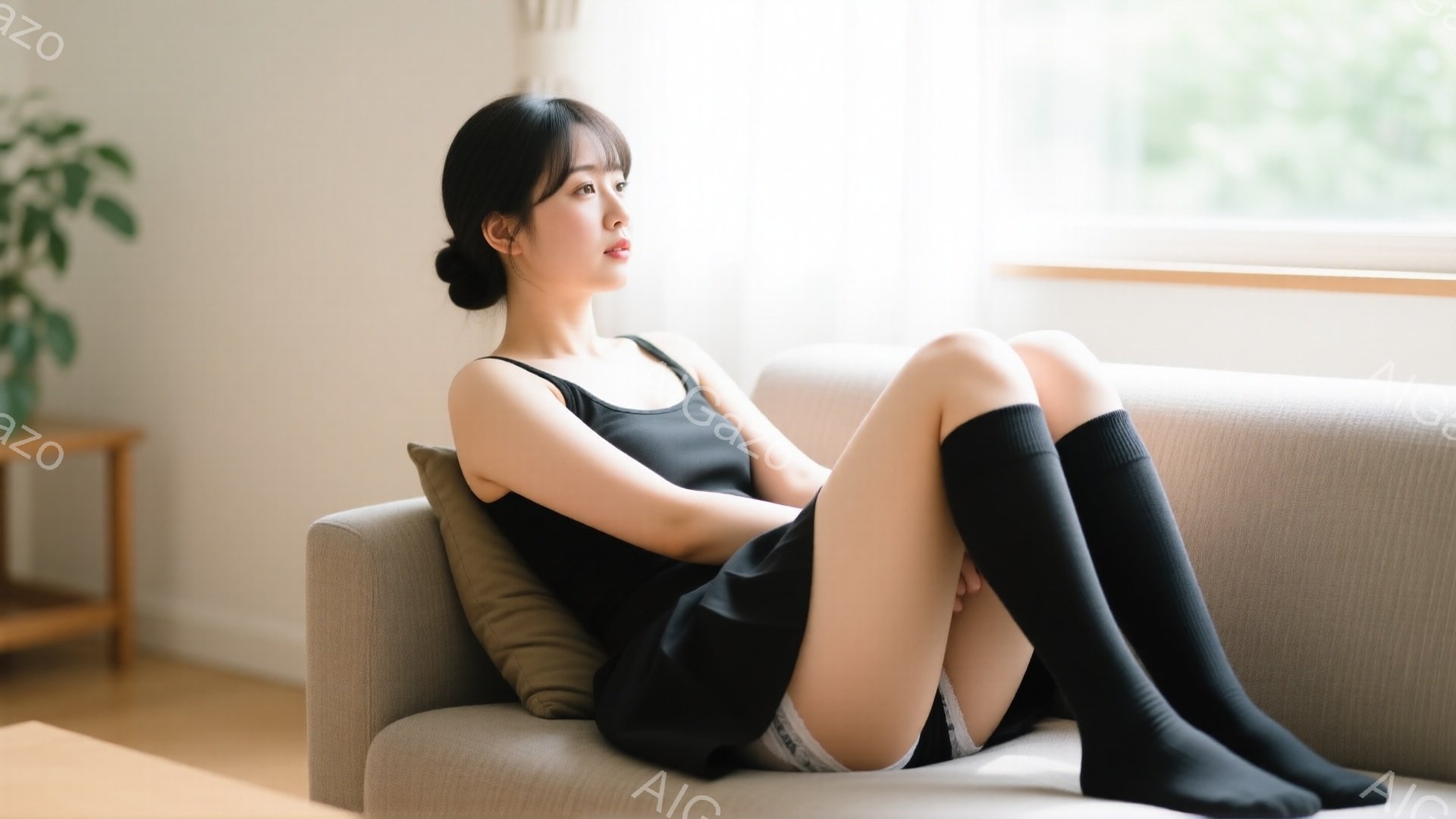 ソファに座った若い女性が写っている。黒いキャミソールとショートパンツ、黒いニーハイソックスを着用し、少し物憂げな表情で横を向いている。背景には明るいリビングルームがあり、窓からは自然光が差し込んでいる。