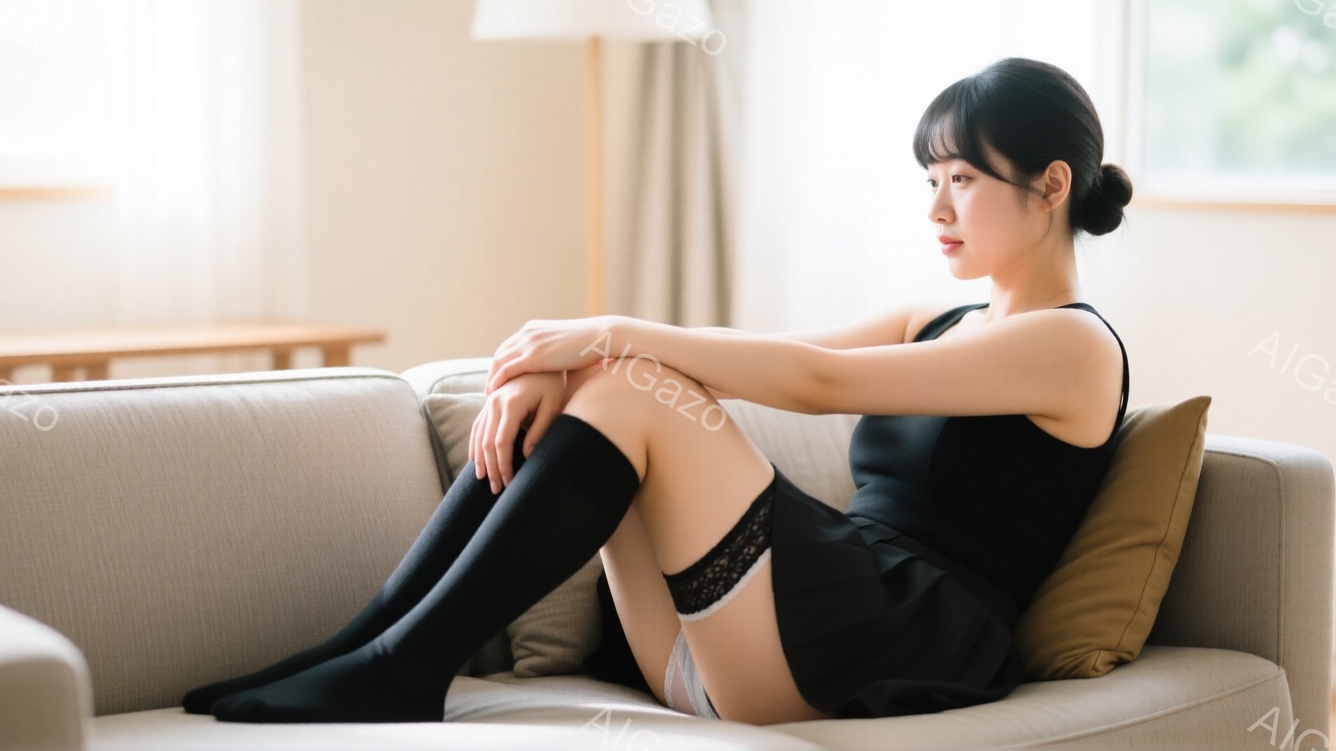 黒いニーハイソックスと黒のキャミソールワンピースを着た若い女性が、ベージュのソファに座って膝を抱えています。彼女は少し憂いを含んだ表情で横を向いており、背景には薄い光が差し込むリビングルームが見えます。全体的に落ち着いた色調で、どこか物憂げな雰囲気が漂っています。