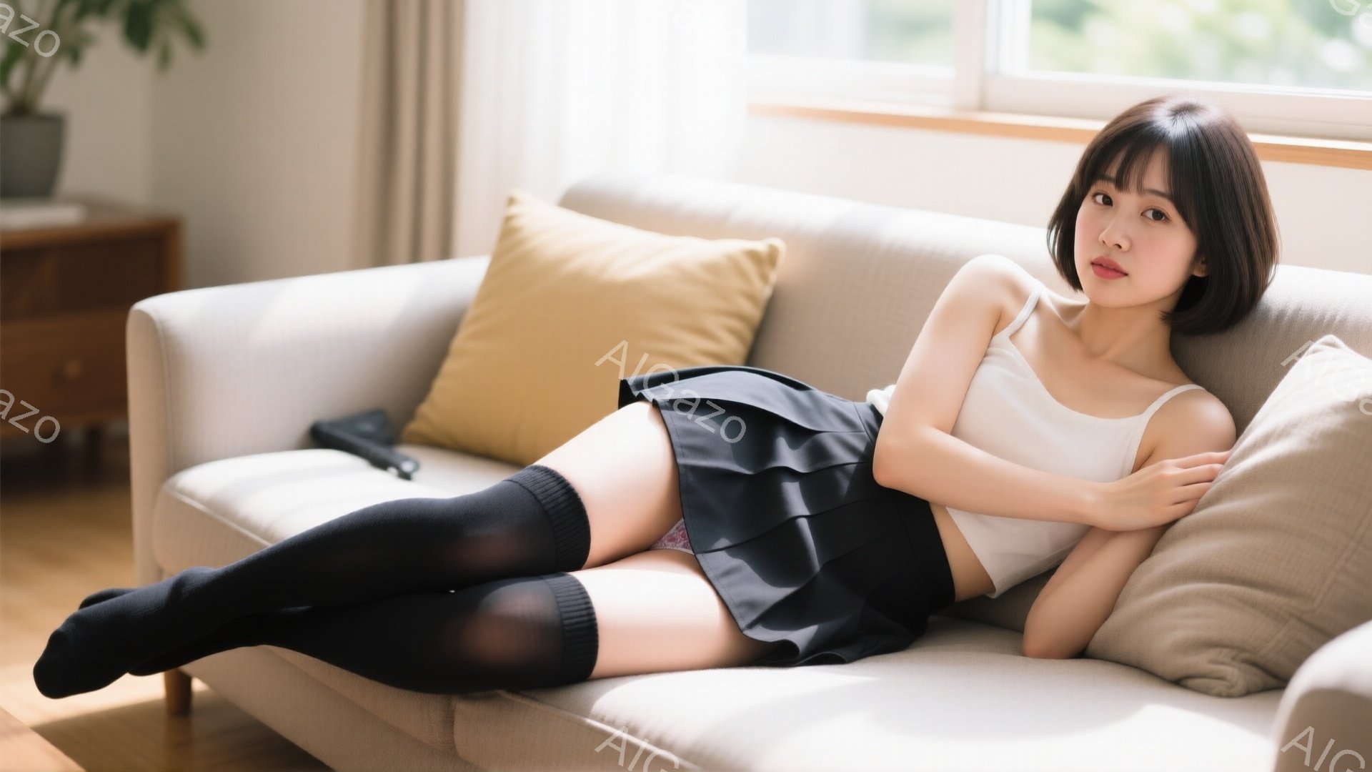 長い黒いソックスとミニスカートを身につけた若い女性が、ベージュ色のソファに横たわっています。彼女は白いタンクトップを着ており、肩を少し上げてリラックスした表情をしています。背景には木製のキャビネットと - AI生成フリー素材