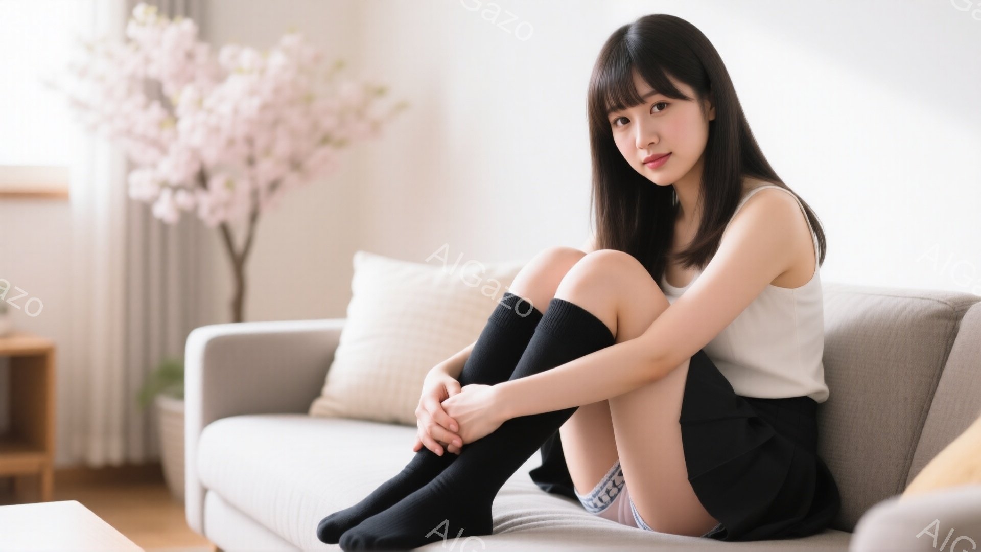 長い黒髪の女性が、ベージュ色のソファーに座って膝を抱えています。白いタンクトップと黒いミニスカート、黒いニーハイソックスを着用しており、表情は穏やかでわずかに微笑んでいます。背景には白い棚とピンク色の - AI生成フリー素材
