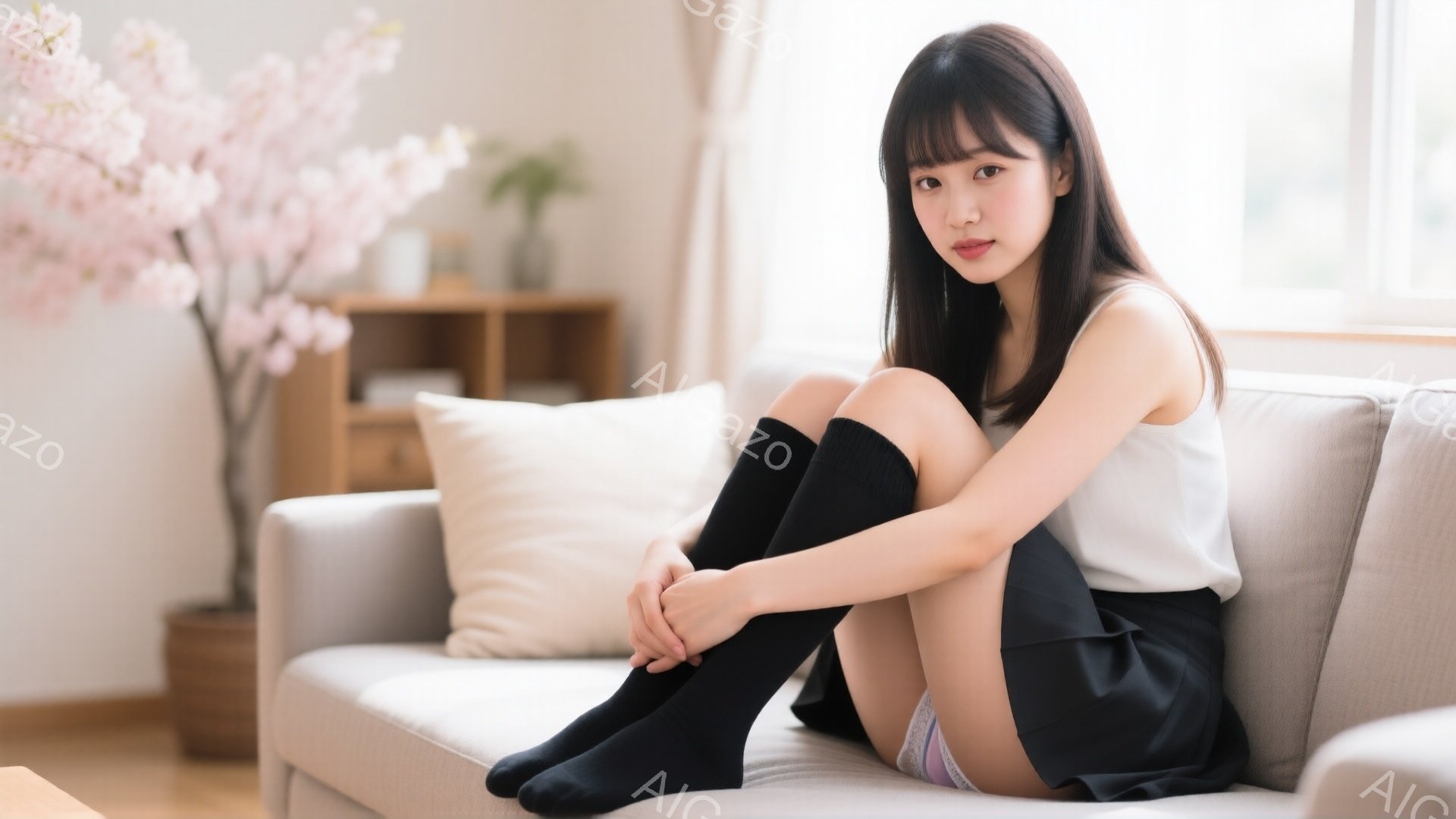 長い黒髪をセンターパートにした若い女性が、ベージュ色のソファに座っています。白いタンクトップと黒い膝上ソックス、黒いスカートを着用し、両膝を抱えて微笑んでいます。背景には、ピンク色の桜の枝や木製の棚が - AI生成フリー素材
