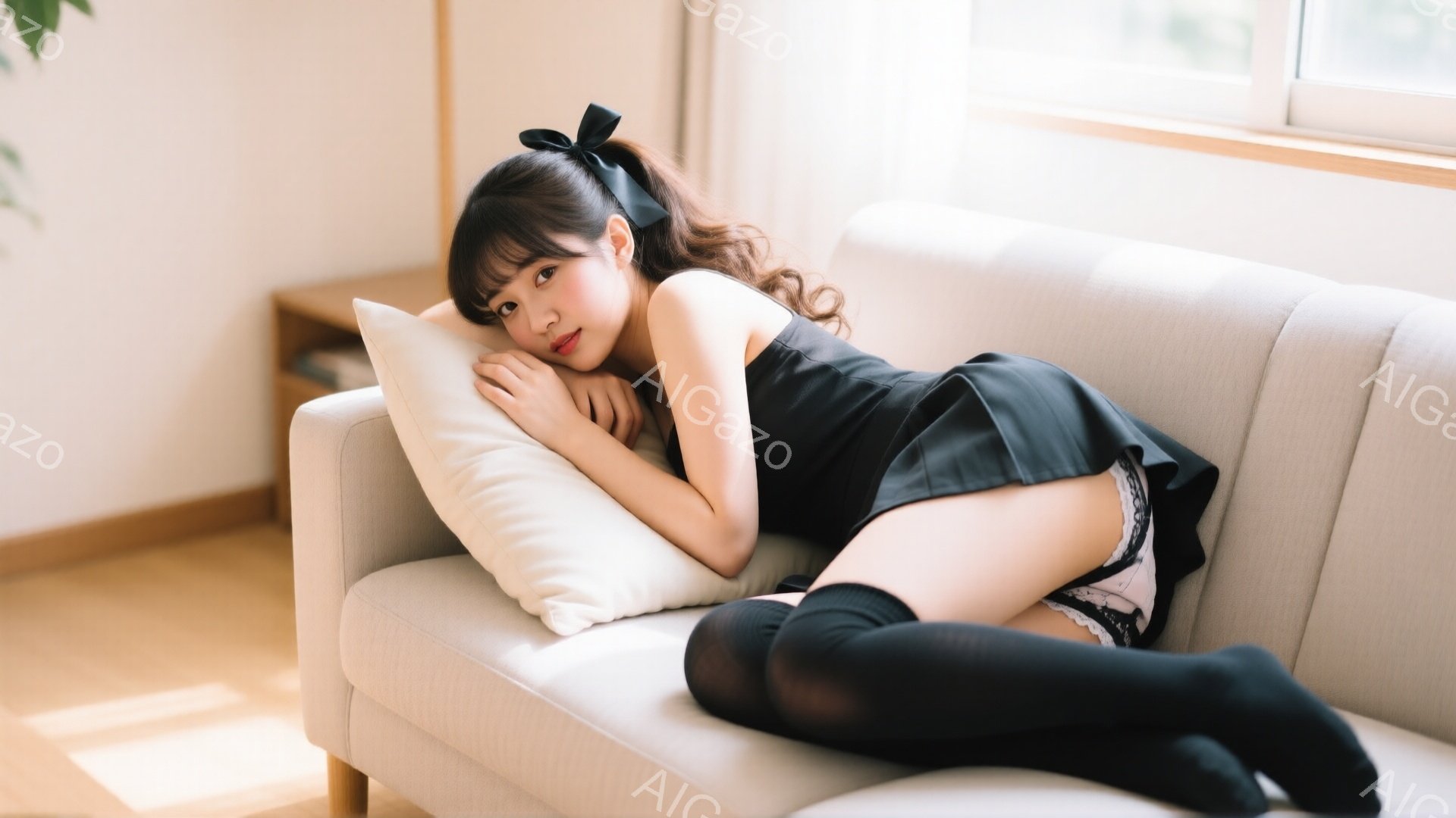 黒いニーハイソックスとミニスカート、白いブラウスを着た女性が、明るいグレーのソファに横たわっています。彼女は頭を枕に預け、リラックスした表情でカメラを見つめており、髪はリボンで結ばれています。背景には - AI生成フリー素材