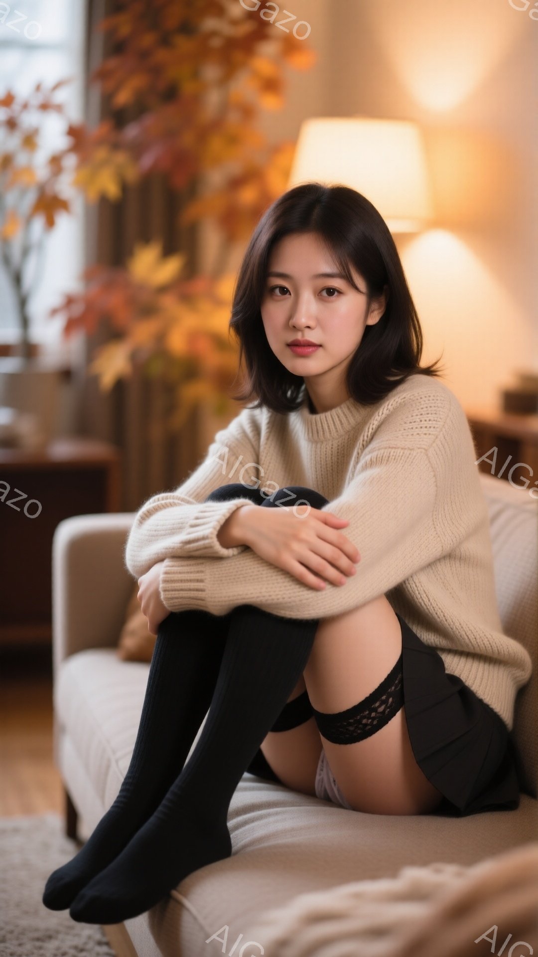 彼女はクリーム色のオーバーサイズセーターと黒いニーハイソックスを着用し、膝を抱えてベージュのソファに座っています。彼女の髪は肩の長さでストレート、表情は落ち着いており、少し憂いを帯びています。背景には、暖色系の秋の葉が飾られた室内があり、穏やかで暖かな雰囲気が漂っています。