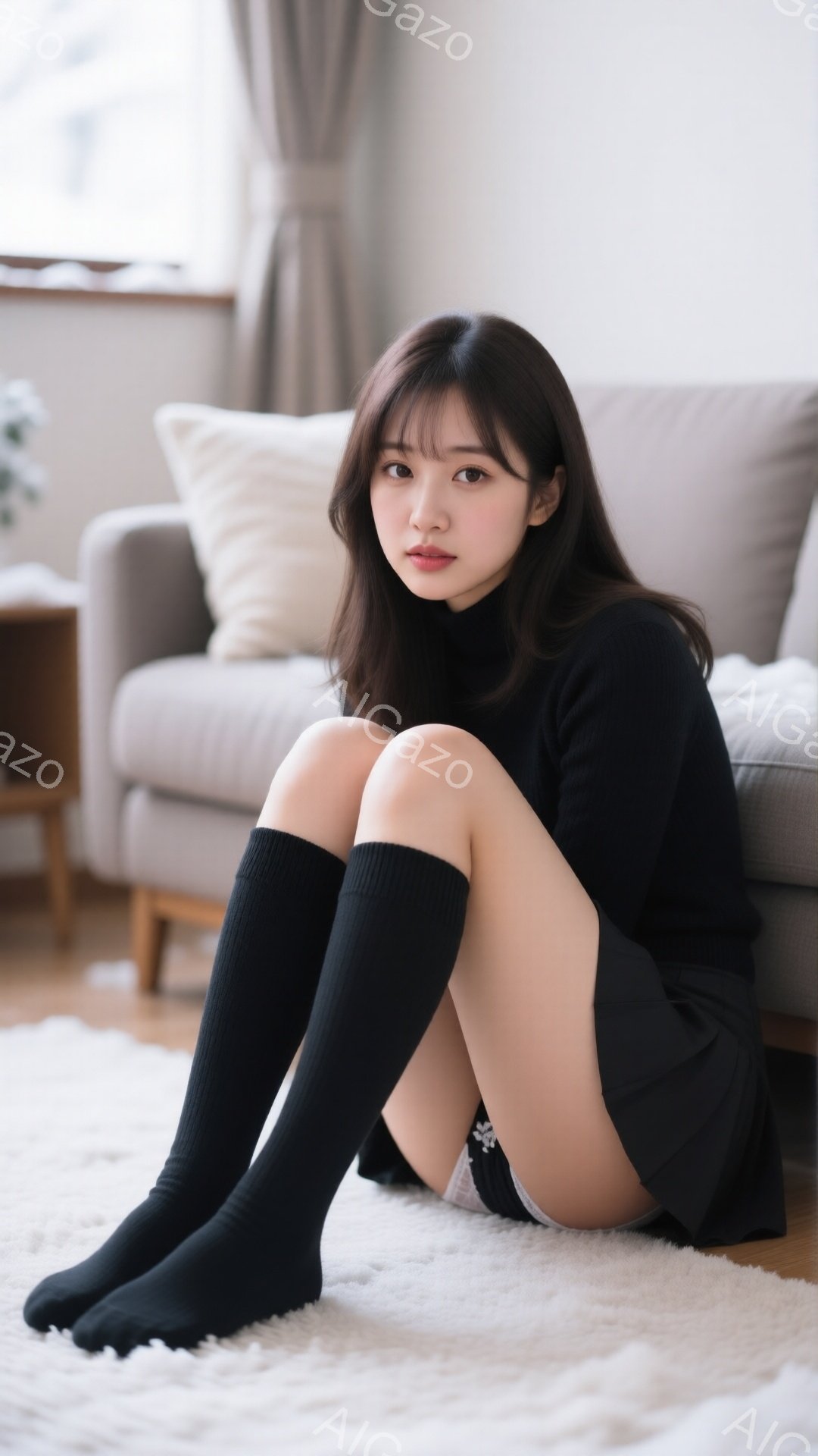 黒いセーターとスカートを身につけた若い女性が、白い毛並みのラグの上に座っています。彼女は膝を抱え、控えめな表情を浮かべており、黒いオーバーニーソックスを履いています。背景には、ベージュ色のソファと窓が見え、居心地の良いリビングルームの雰囲気です。