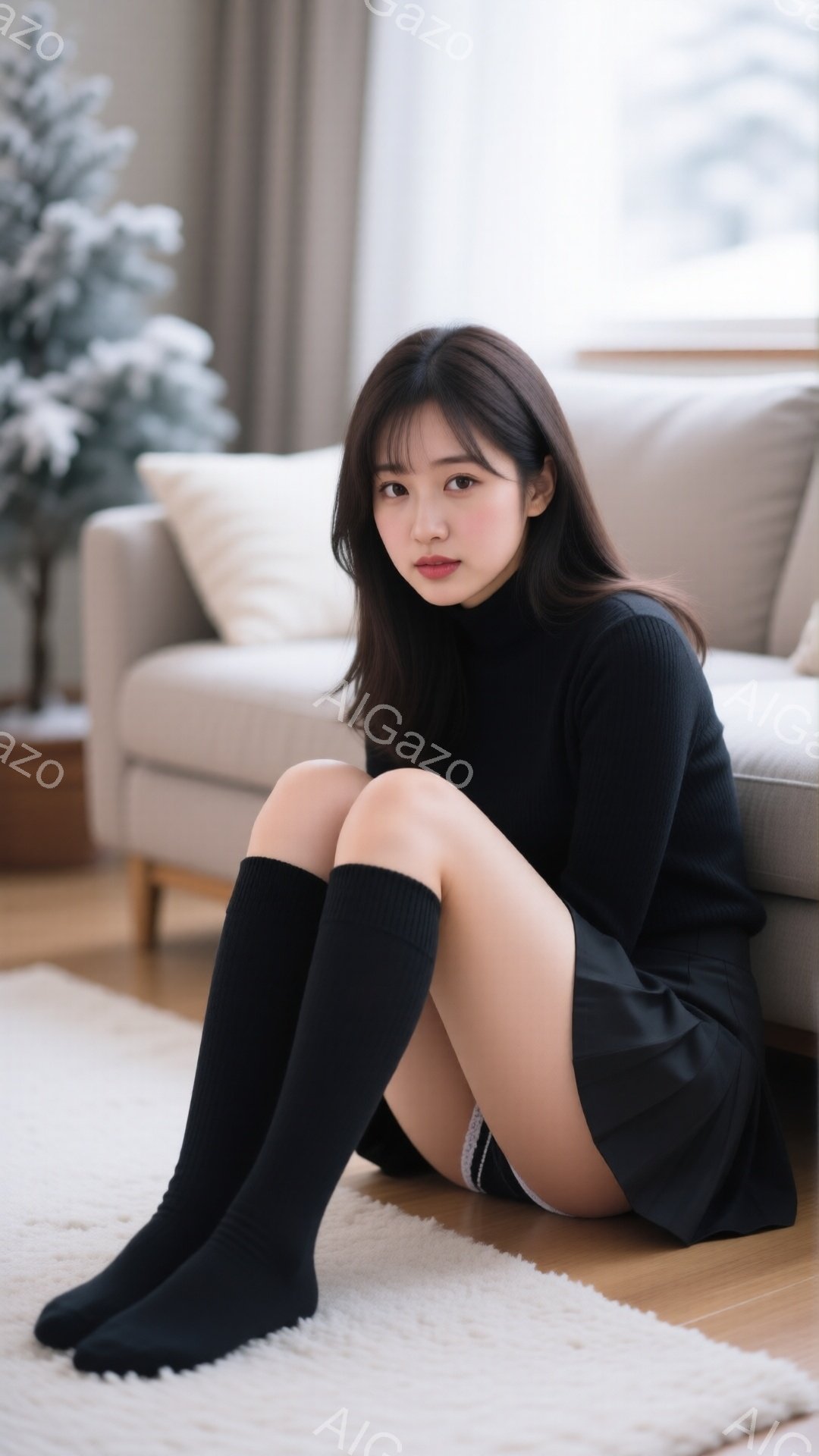 黒いタートルネックセーターと短いプリーツスカートを身につけた若い女性が、床に座ってこちらを見ています。彼女は黒いニーハイソックスを履いており、髪は肩のあたりでカットされ、前髪があります。背景には、柔らかいベージュのソファとクリスマスの装飾が見え、暖かく、居心地の良い雰囲気が漂っています。