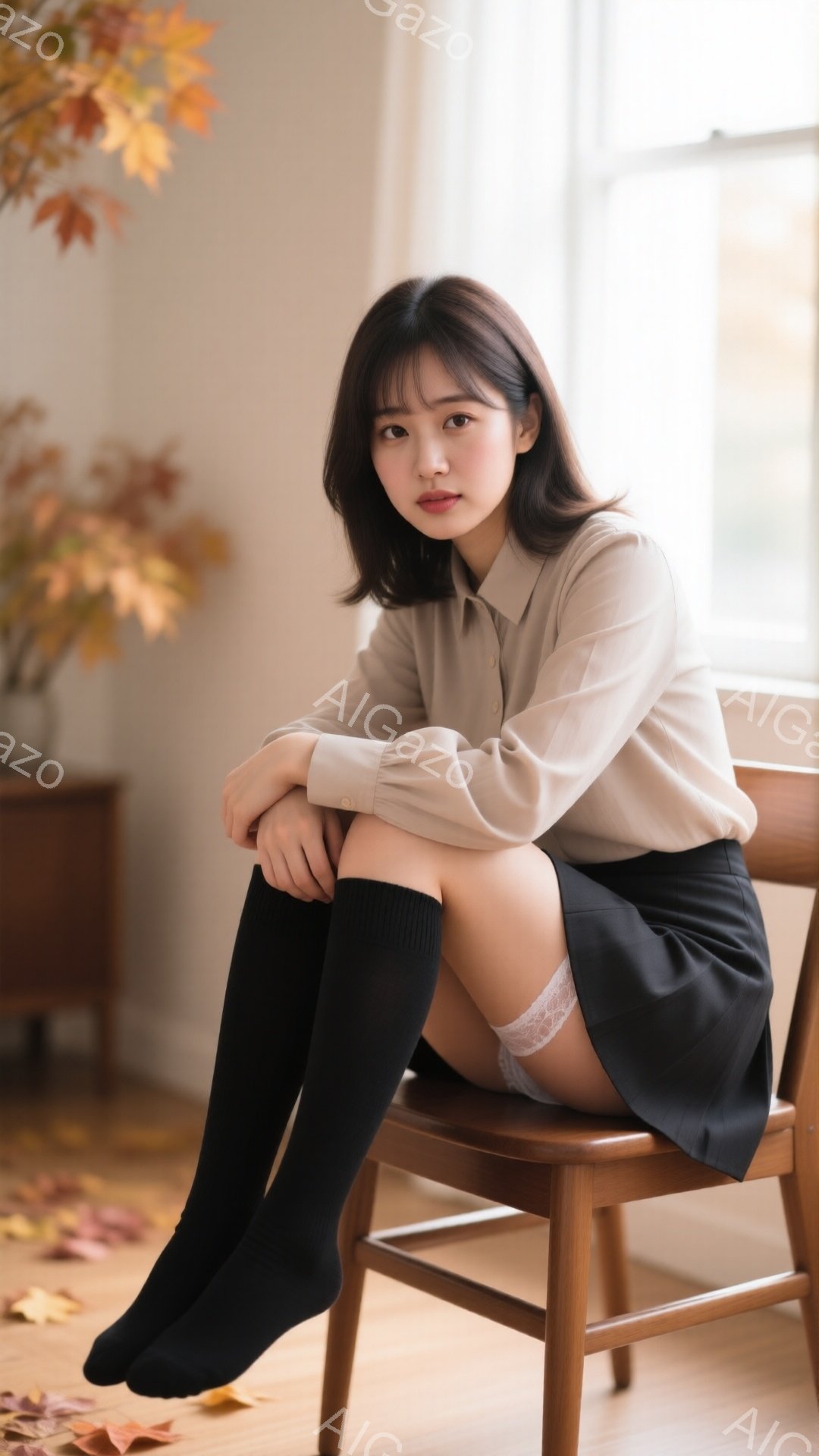 若い女性が椅子に座っており、ベージュのシャツと黒のミニスカート、そして黒の膝上ソックスを着用しています。彼女は膝を曲げており、少し微笑んだ表情を浮かべています。背景には木製の家具と、落ち葉が散らばった - AI生成フリー素材