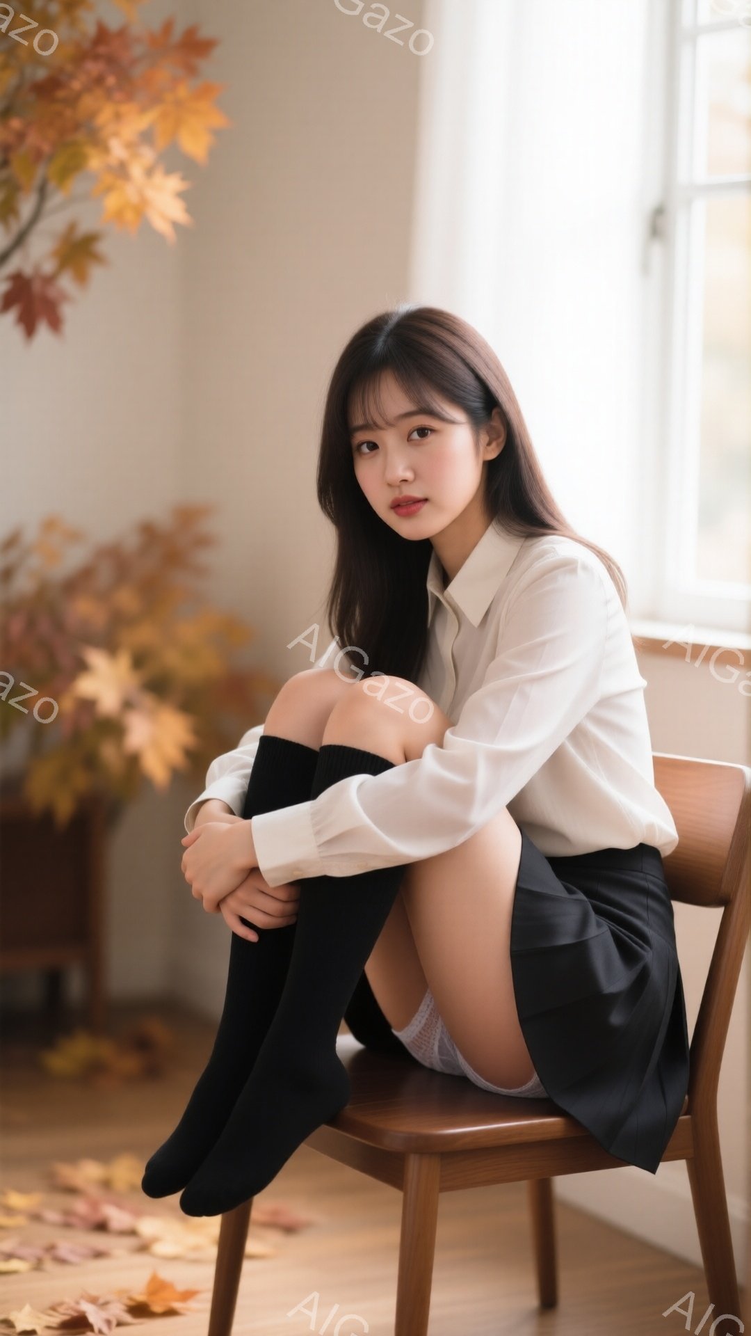 黒髪の女性が椅子に座り、膝を抱えています。白いシャツと黒いミニスカート、黒い靴下を履いており、カジュアルでありながらも上品な印象を与えます。背景には、紅葉した枝と落ち葉が見え、秋の落ち着いた雰囲気を感じさせます。