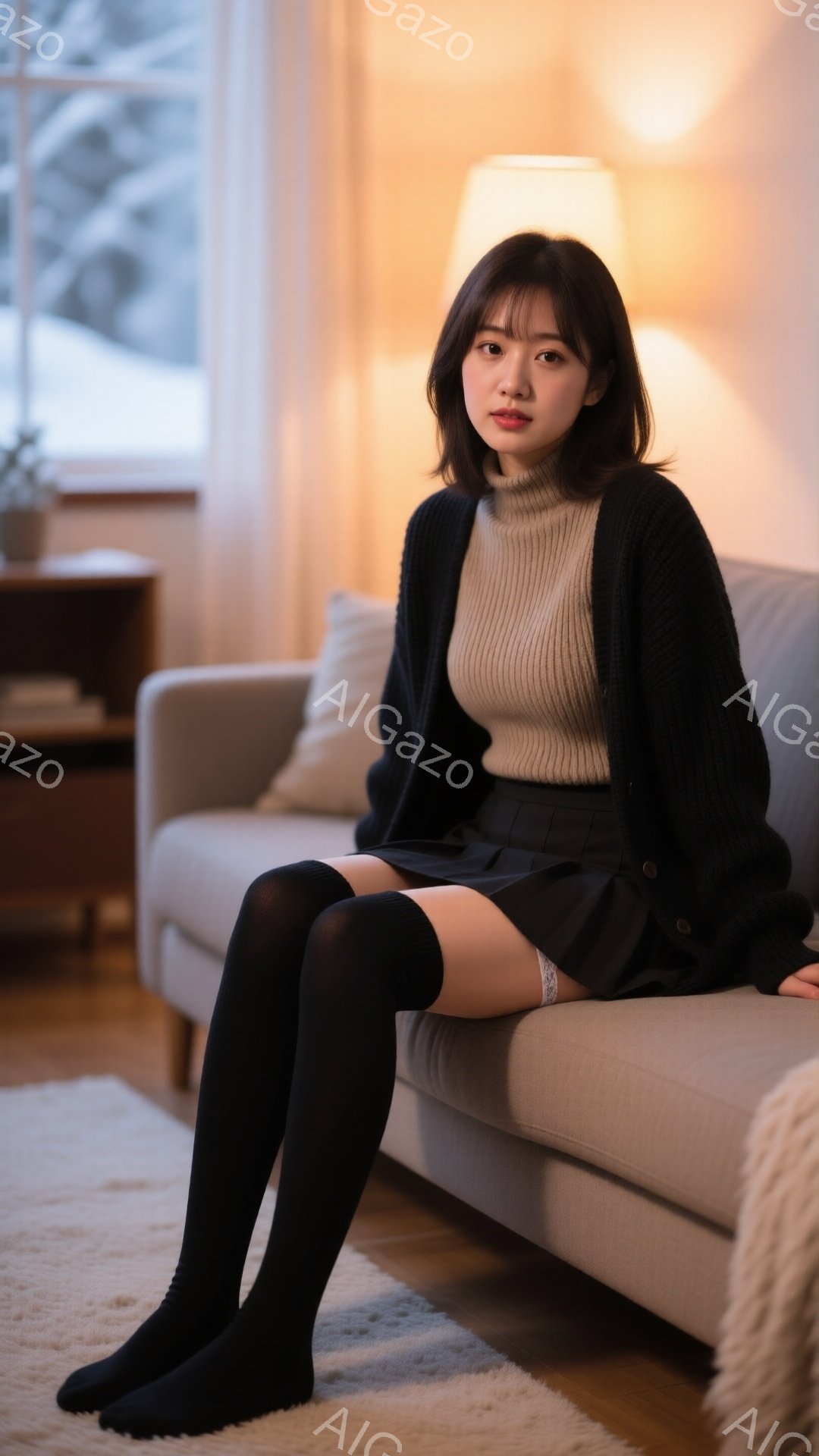 長いダークブラウンの髪は肩にかかり、女性はベージュのタートルネックセーターと黒のカーディガンを着用しています。黒いミニスカートとオーバーニーソックスを合わせ、ベージュのソファに座ってリラックスしたポー - AI生成フリー素材