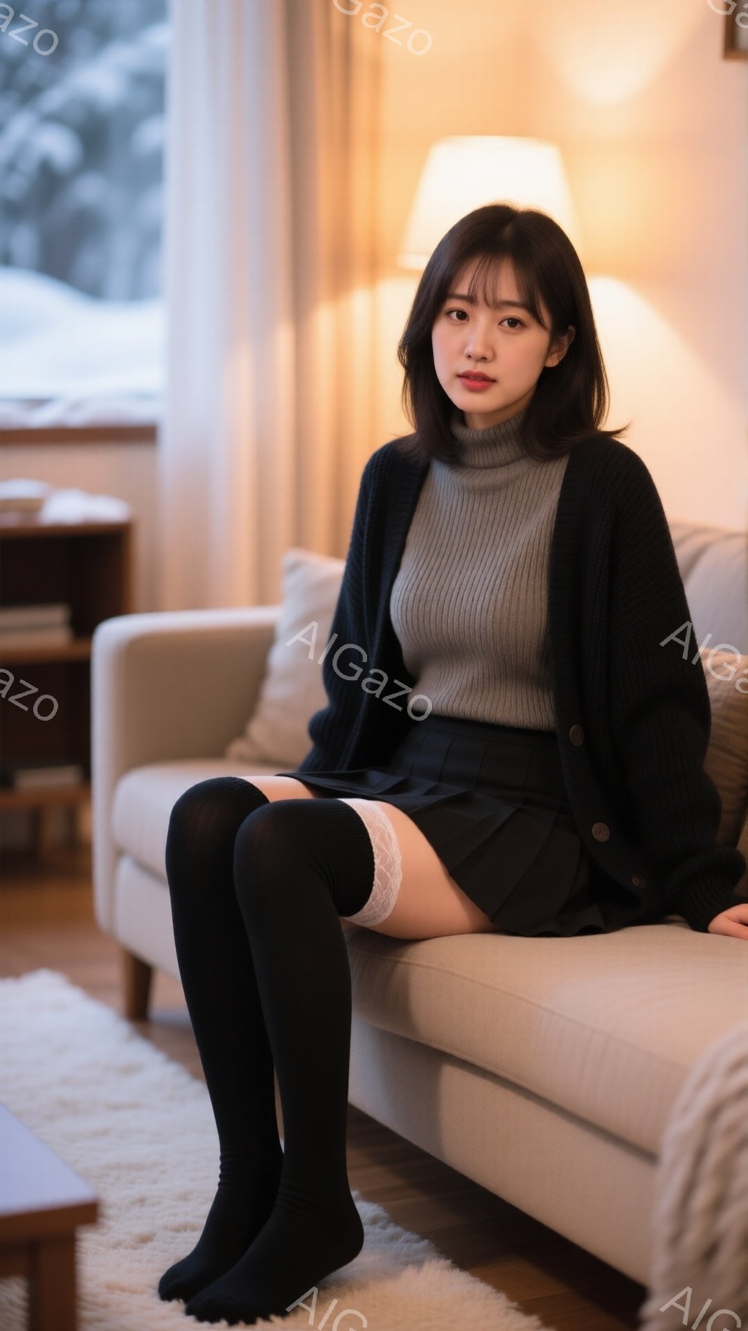 長いダークブラウンの髪を肩にかかるようにしており、前髪は少し眉毛にかかっています。グレーのタートルネックセーターに黒のミニスカート、黒のオーバーニーソックスを履き、黒いカーディガンを着ています。背景には窓から見える雪景色、そしてオフホワイトのソファと明るい室内照明があり、暖かく居心地の良い雰囲気を醸し出しています。