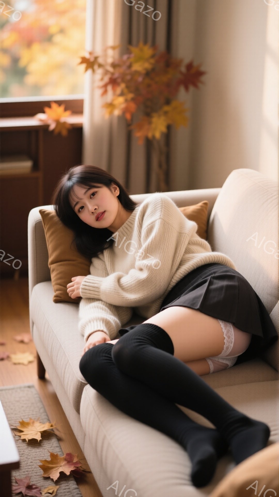 茶髪の女性がベージュのソファに横たわっています。オフホワイトのニットセーターに黒のニーハイソックスを合わせ、少し肌を見せています。背景には、落ち葉と窓から差し込む柔らかい光があり、秋の穏やかな雰囲気を - AI生成フリー素材