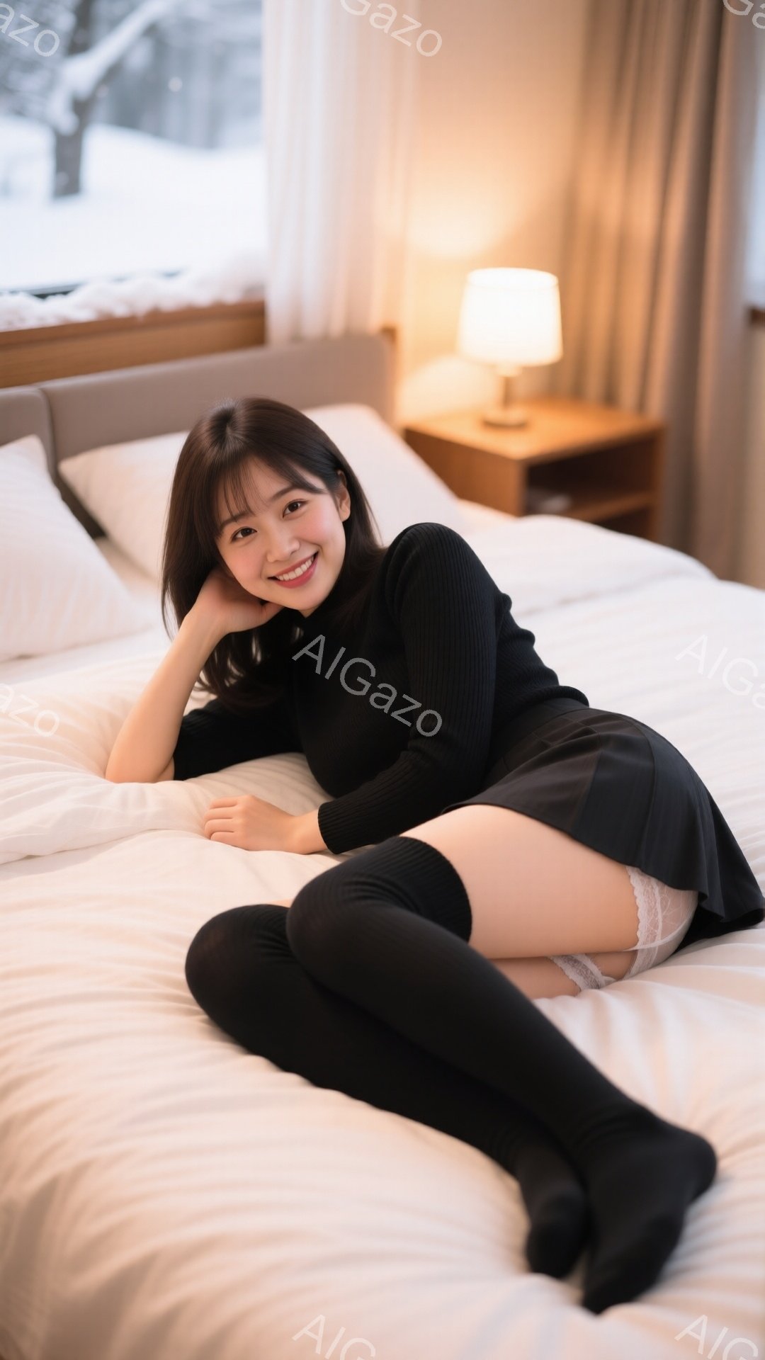 黒いタートルネックセーターとミニスカート、そして膝上までの黒い靴下を身につけた若い女性が白いベッドに横たわっています。彼女は片手を頬にあて、微笑んでカメラを見ており、リラックスした姿勢を見せています。 - AI生成フリー素材