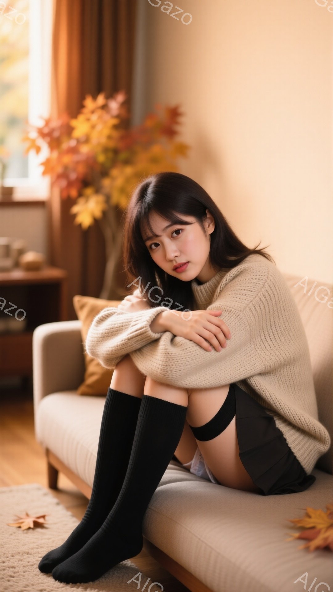 長い黒髪で前髪が目に少しかかる女性が、ベージュのゆったりとしたセーターと黒いニーハイソックス、そして短いプリーツスカートを身につけて、ソファーに座って膝を抱えています。彼女の表情はやや控えめで、穏やか - AI生成フリー素材